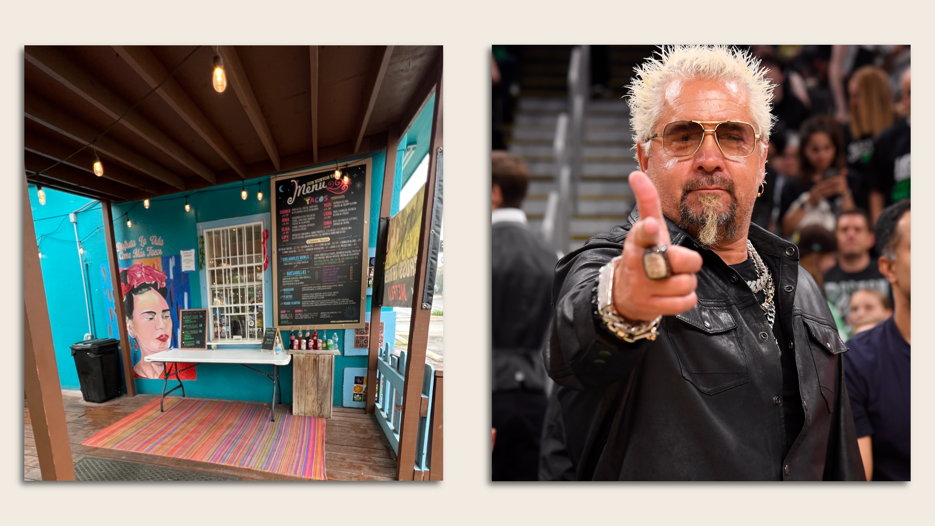 Side-by-side image shows the light blue exterior of a walk-up restaurant on one side and Guy Fieri on the other. 