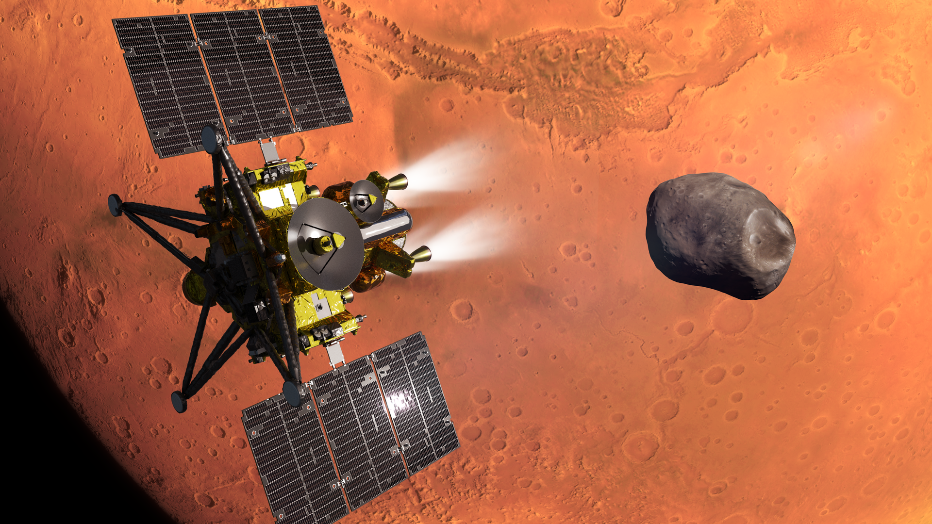 A rendering of Japan's MMX probe reaching Mars' moon Phobos.