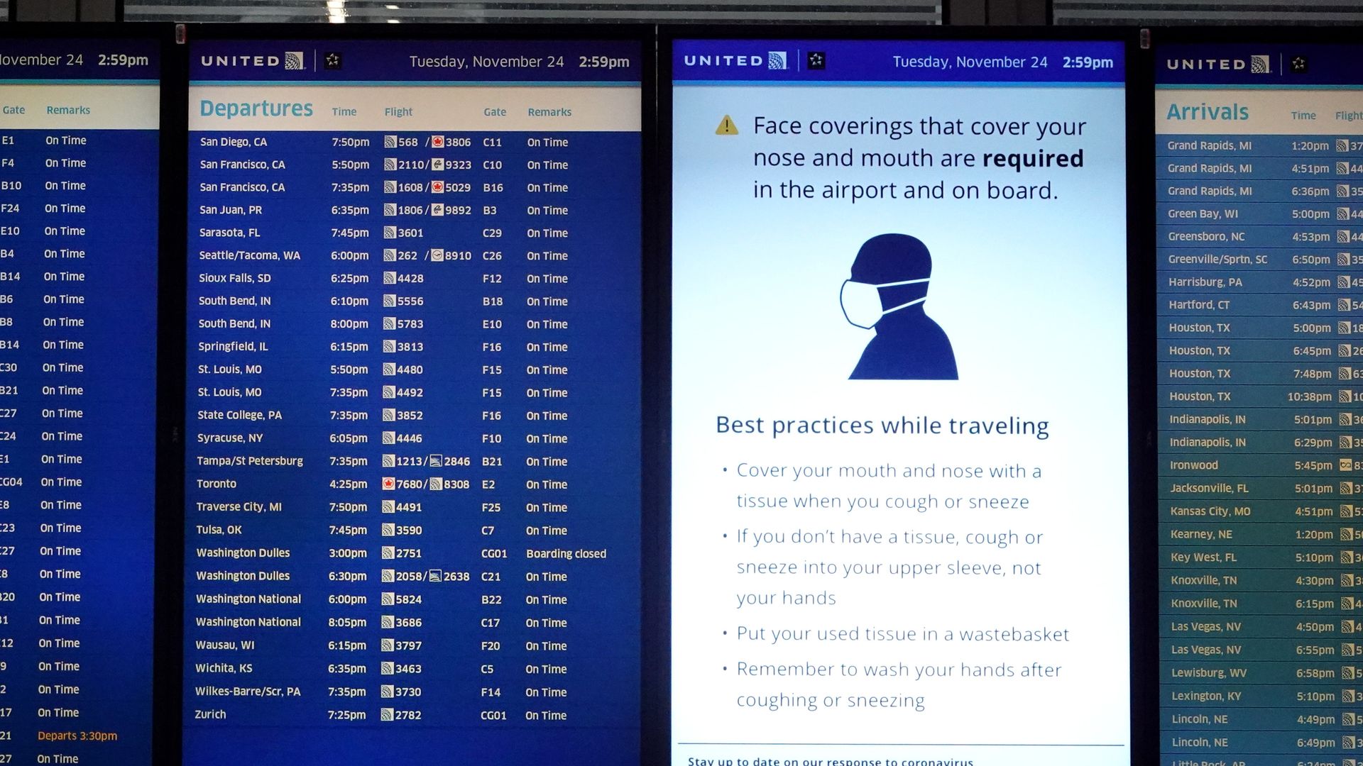 Photo of a monitor at an airport that shows flight departures and times as well as a notice to wear face coverings as required