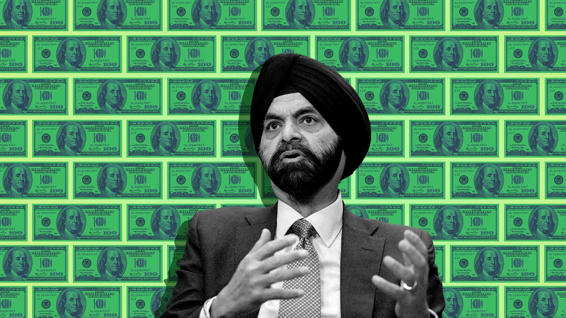 Photo illustration of Ajay Banga against a backdrop brick pattern of hundred dollar bills. 
