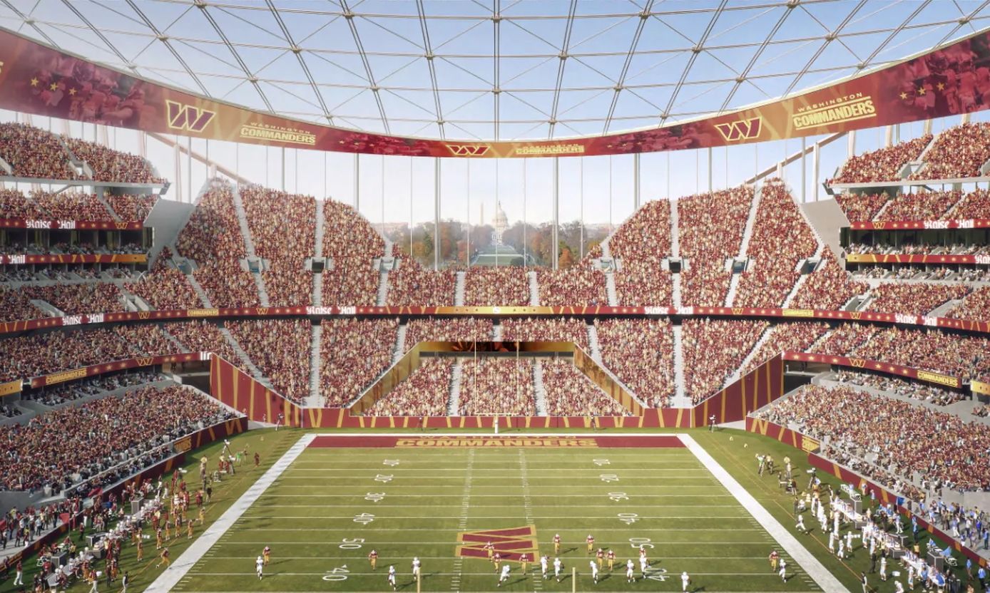 A rendering of the new Commanders stadium released by the D.C. government.