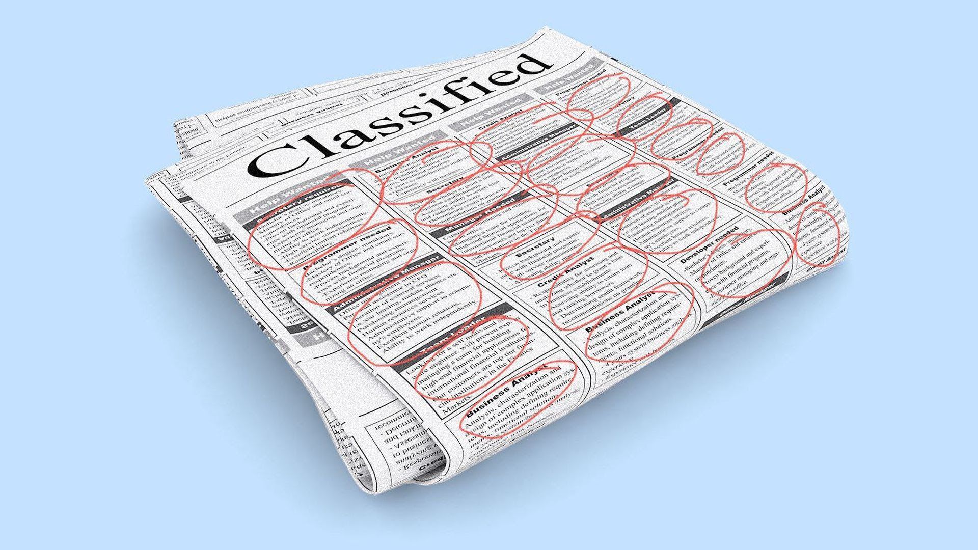 Illustration of the classified section of the newspaper with every posting circled in red