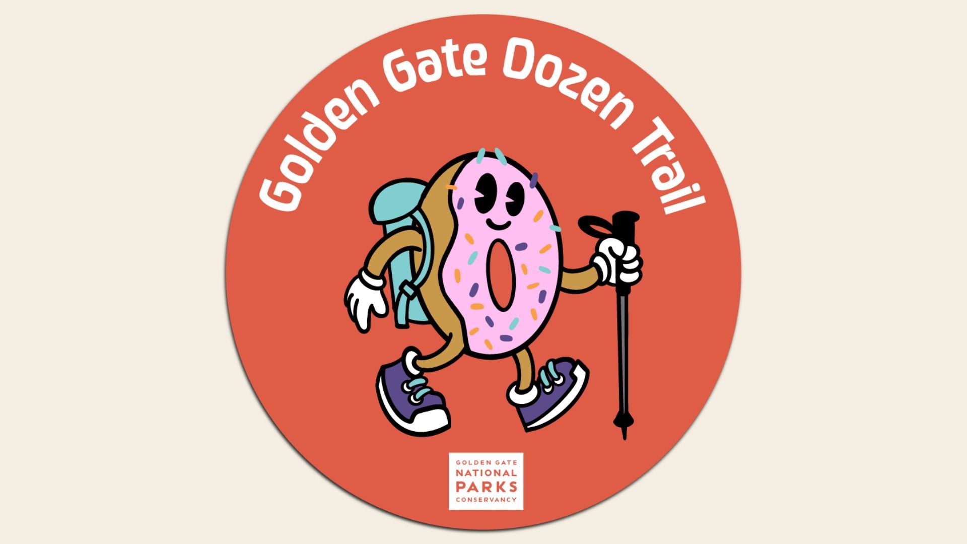 Orange circular badge featuring a smiling pink-frosted donut with sprinkles, wearing sneakers and a backpack, holding a hiking staff; curved white text reads "Golden Gate Dozen Trail" with a small Golden Gate National Parks Conservancy logo at the bottom.