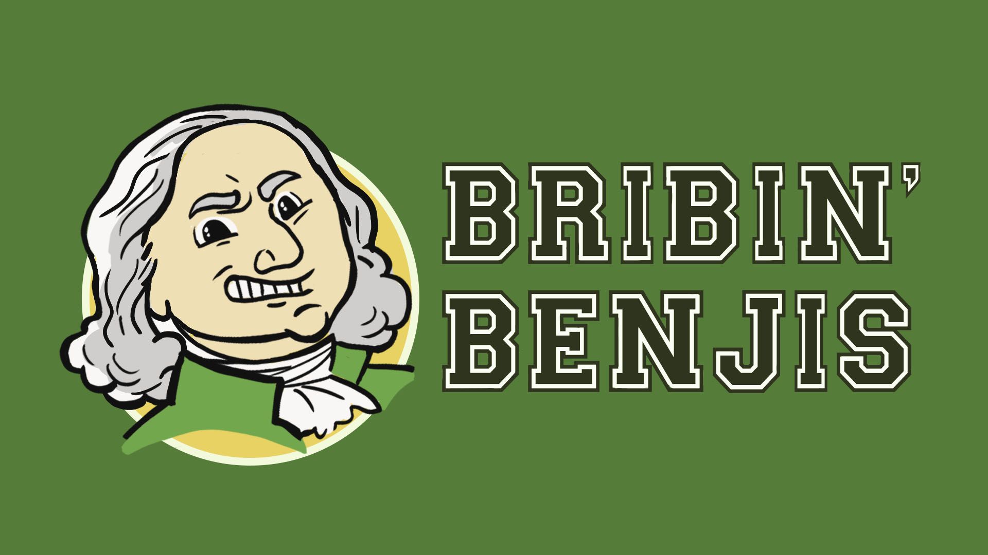 Illustration of a college mascot and logo featuring Benjamin Franklin and the words "Bribin' Benjis"
