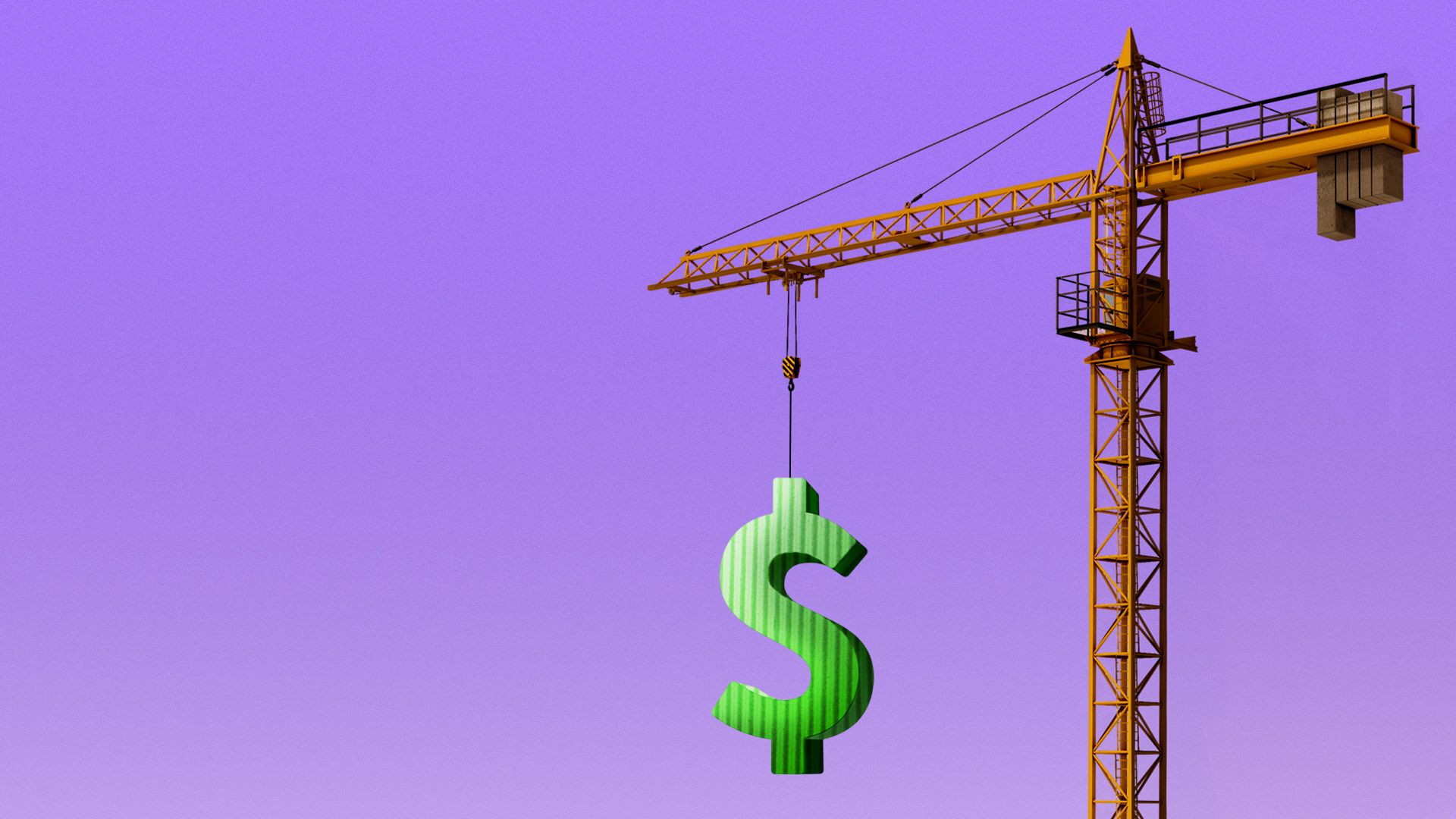 Illustration of a port crane carrying a corrugated shipping container dollar sign