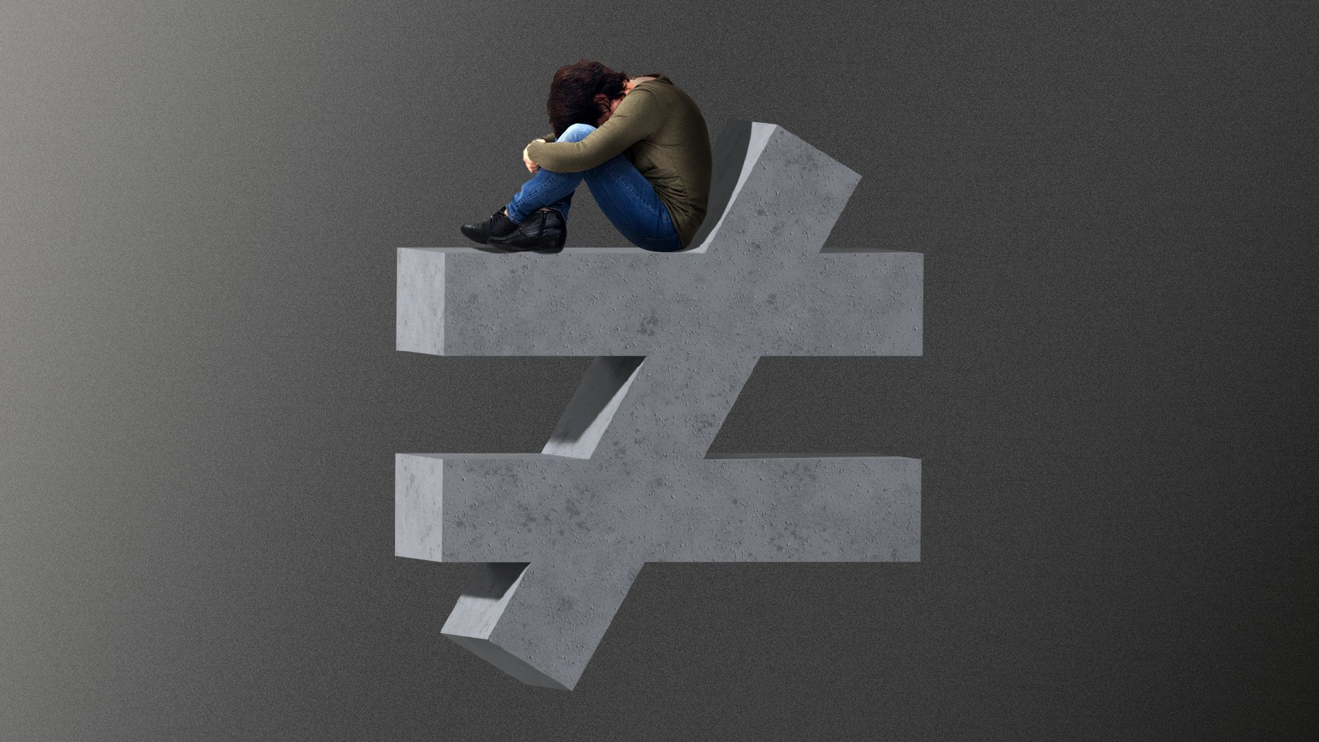 Illustration of a person sitting hunched over on top of a large 3d "not equal" sign.