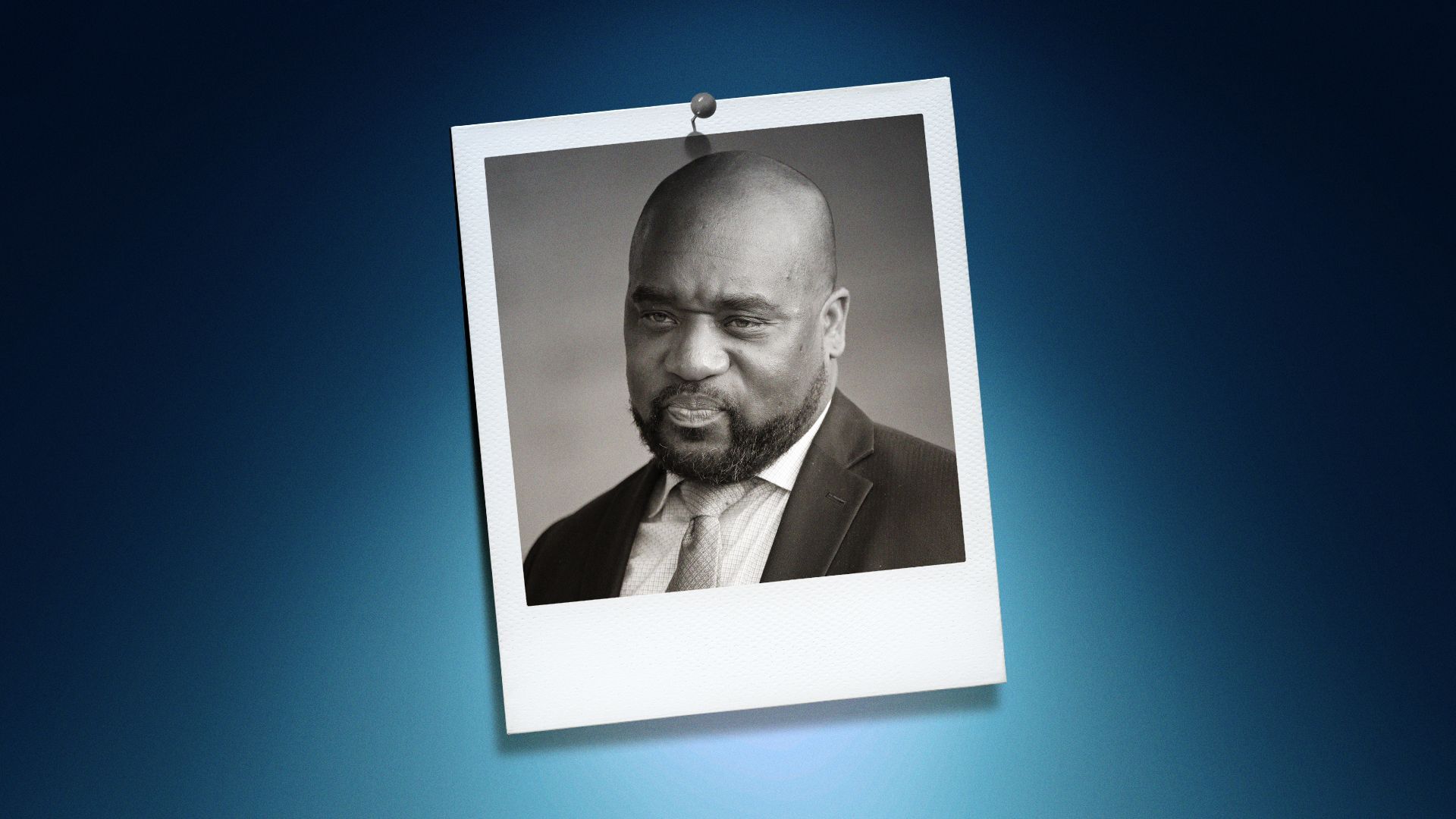 Photo illustration of Michael Giles in the center of a Polaroid photo under a blue spotlight.