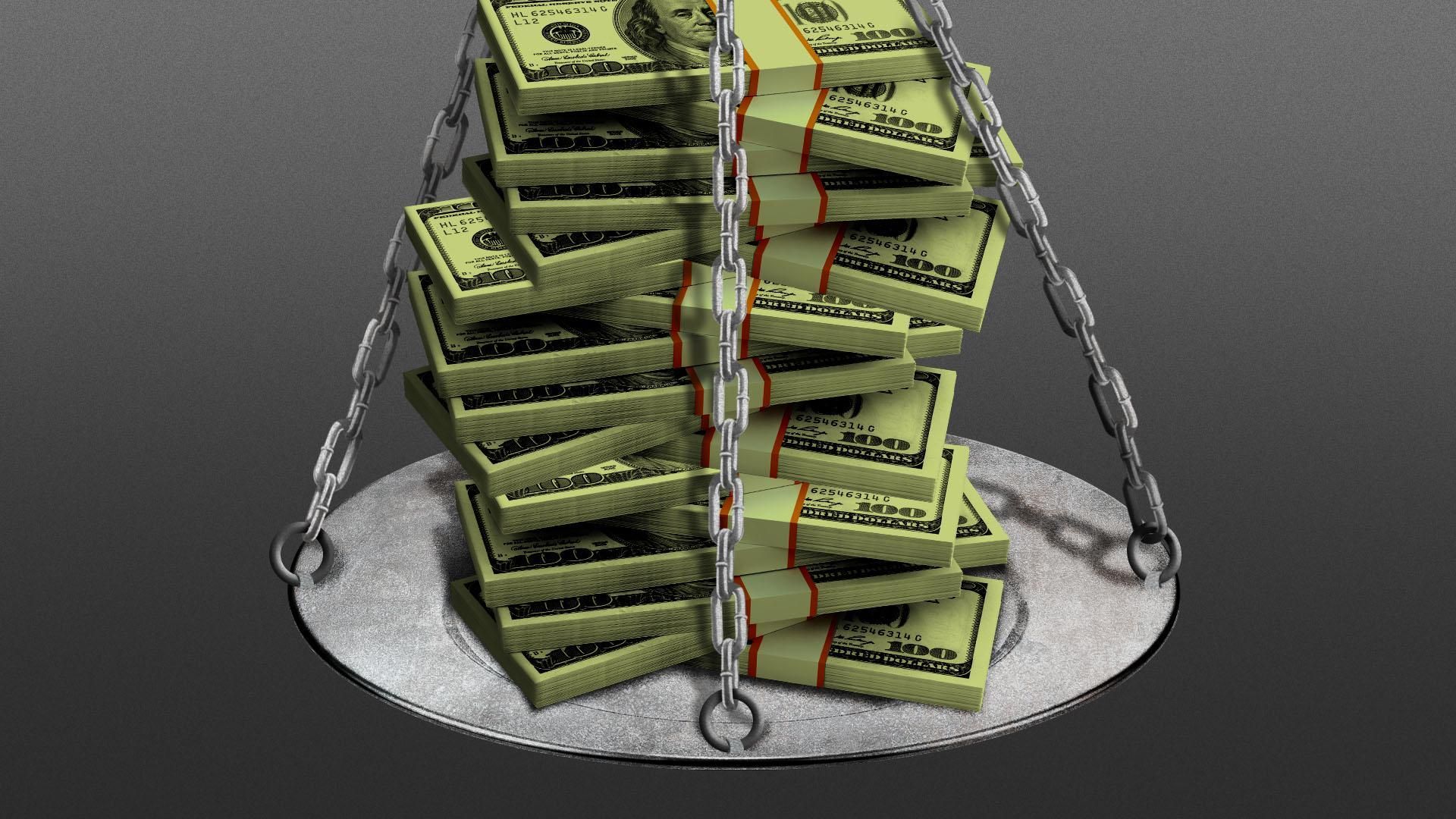 Illustration of a stack of hundred dollar bills on a scale with large menacing chains