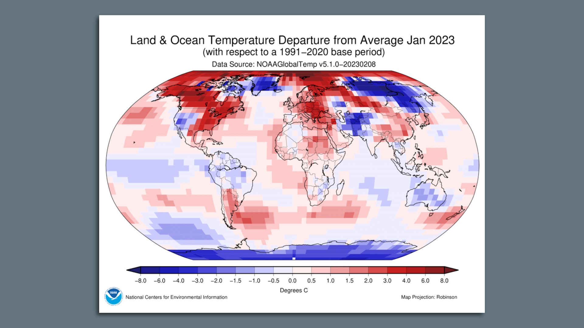 Temperature anomalies across the globe for January 2023 compared to average.