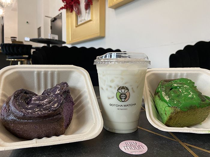 From left: Ube cinnamon roll ($8), The Panda (you can ask for it without the matcha $7.50) and the panda cinnamon roll ($8). Photo: Ashley Mahoney/Axios