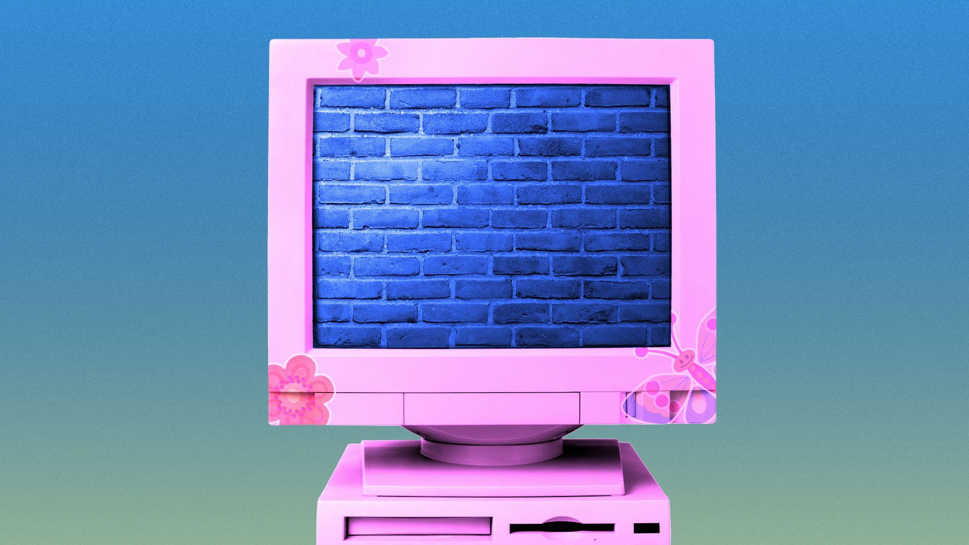 Illustration of a computer covered in stickers with a brick wall on the screen