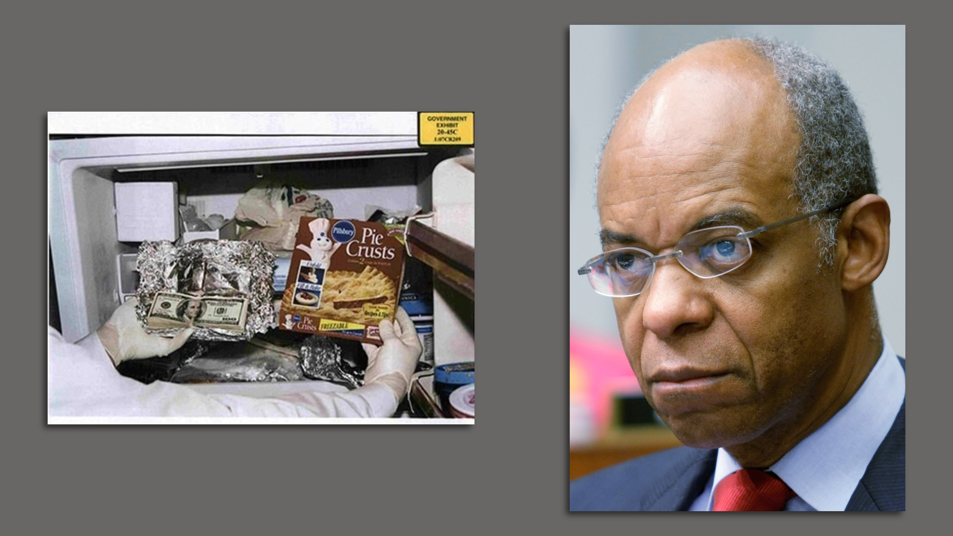 Two photos side by side. At left, a person holds money and a Pillsbury Pie Crust box inside a freezer. At right, a close-up photo of William Jefferson's face.