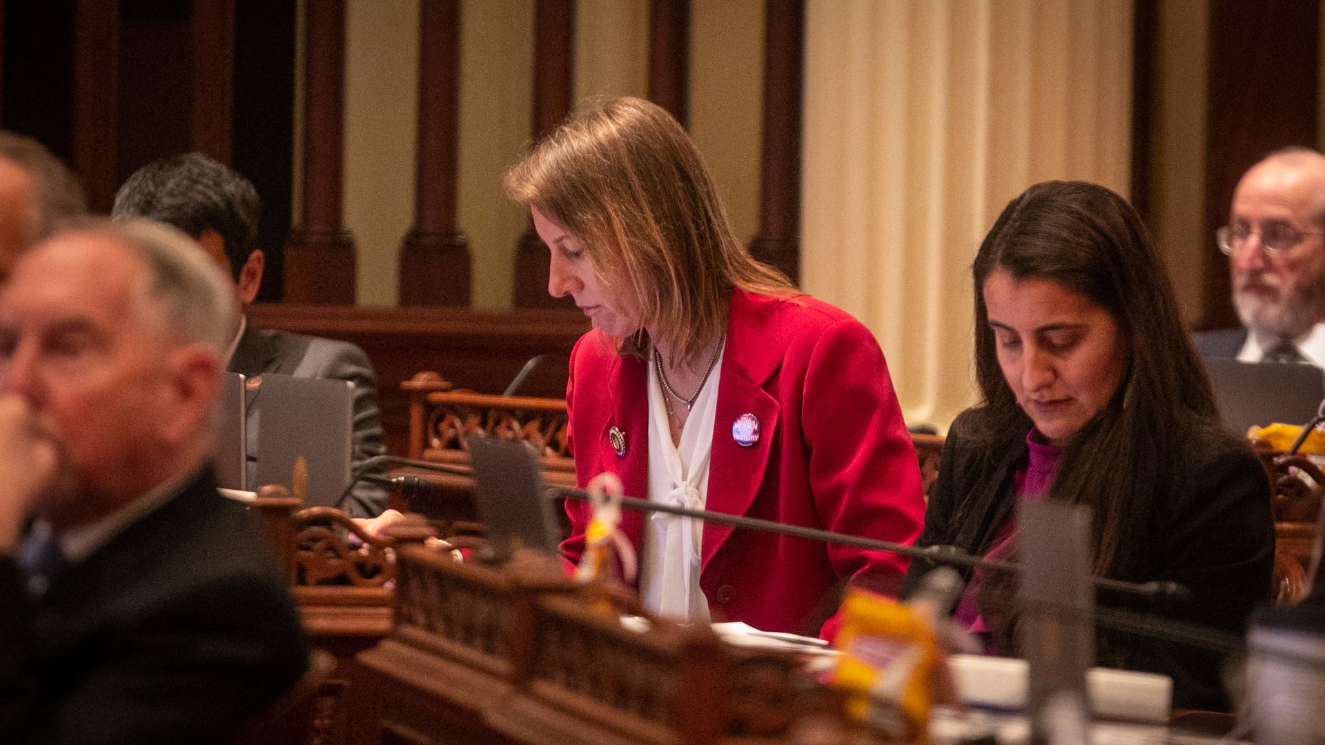 Catherine Blakespear looks down at her desk in the state legislature