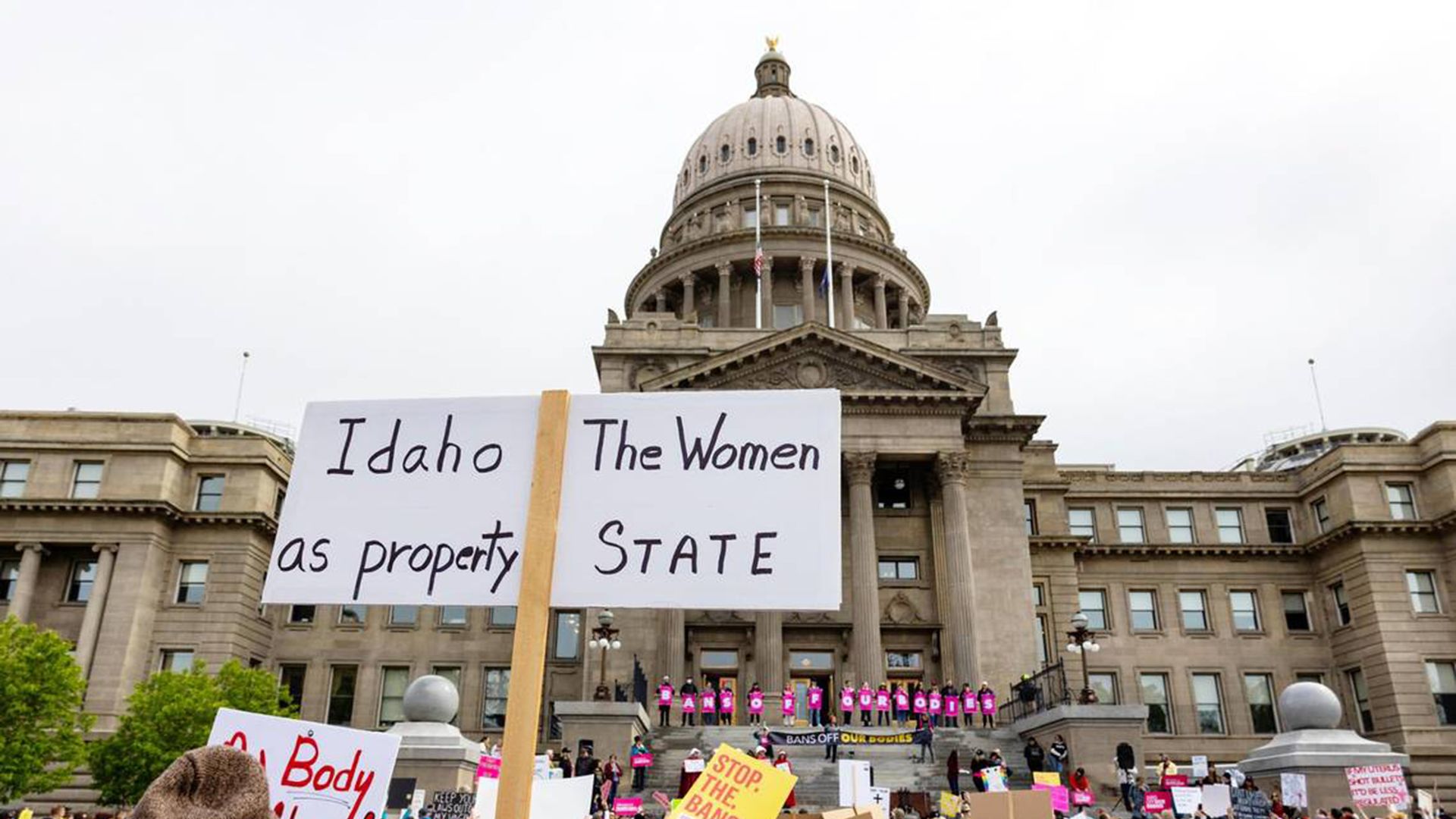 Demonstrators attend an abortion rights rally outside the Idaho State Capitol in Boise, Idaho, on May 14, 2022.