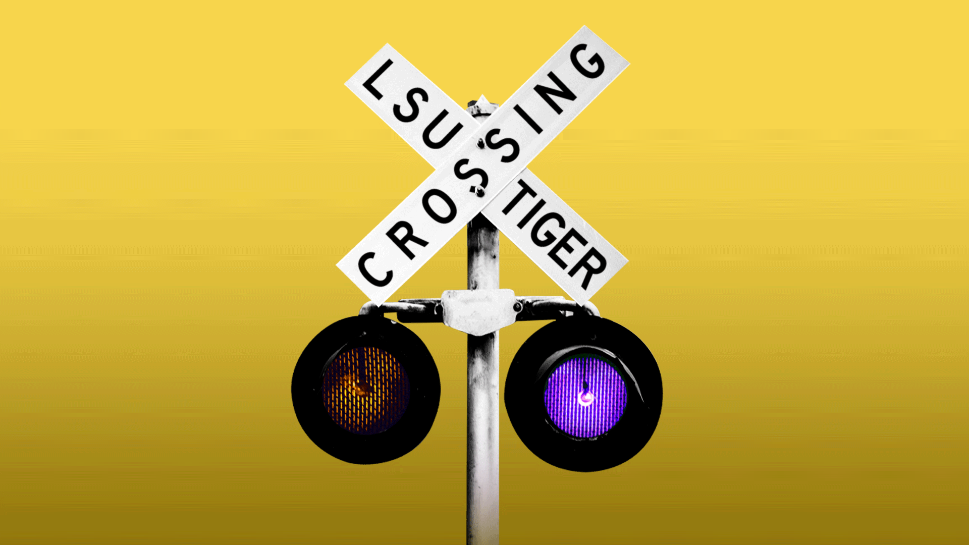 Illustration of a blinking light railroad sign that says LSU TIGER CROSSING with purple and gold lights