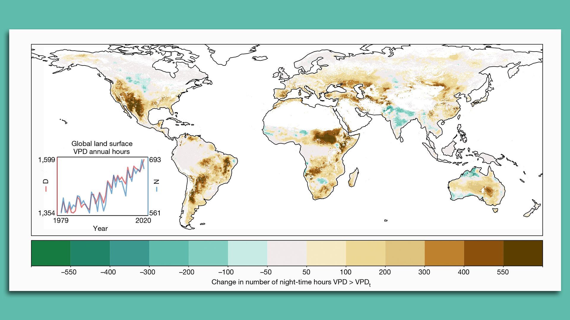 Changes in the number of nighttime hours that burnable land spent above a threshold of an index known as the vapor pressure demand.
