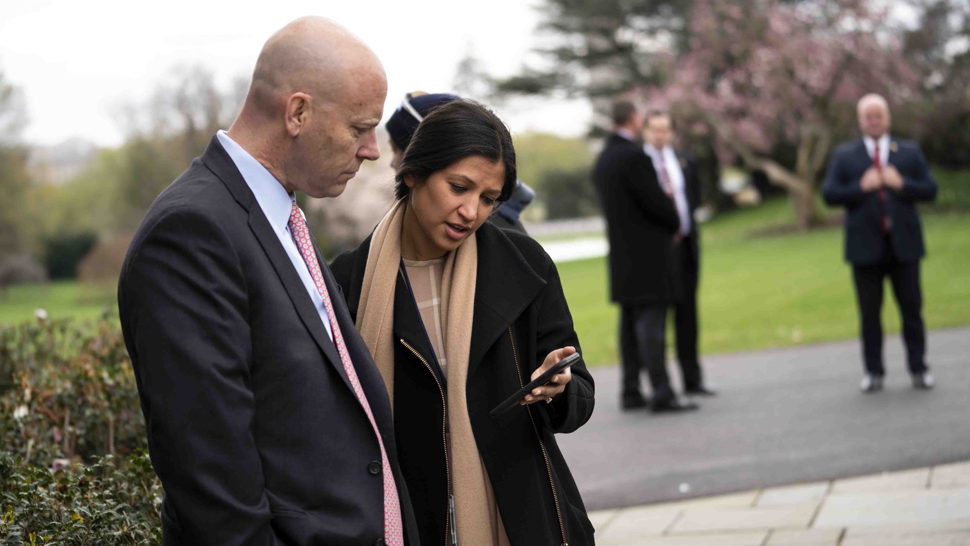 Marc Short, Chief of Staff for Vice President Mike Pence (L) talks with Katie Miller, Vice President Mike Pence's press secretary)