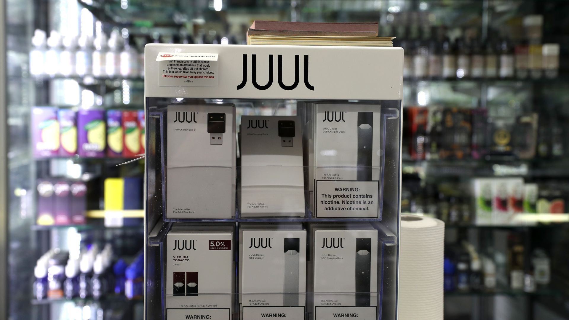  E-Cigarettes made by Juul are displayed at Smoke and Gift Shop on June 25, 2019 in San Francisco