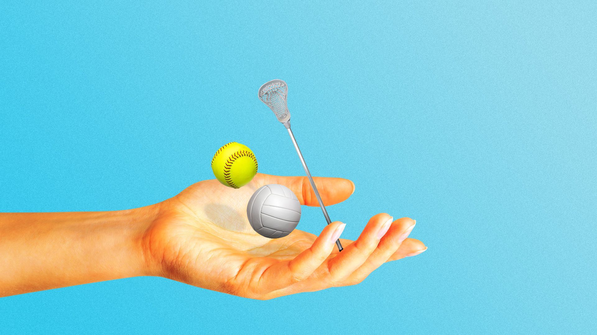 Illustration of a hand holding a hovering softball, volleyball and lacrosse stick