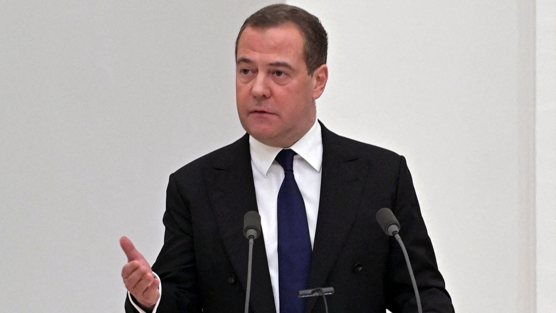 Dmitry Medvedev, deputy chairman of the Russian Security Council, speaking in Moscow in February 2022.
