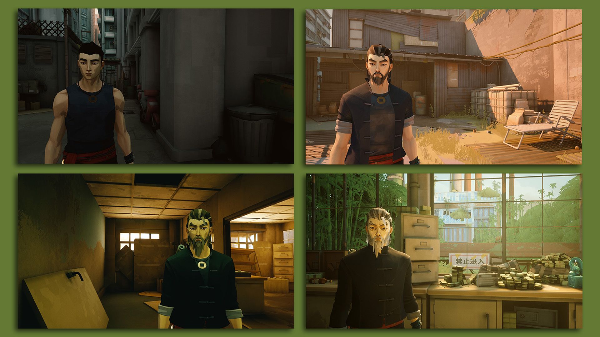 Four video game screenshots showing a protagonist progressively looking older. 