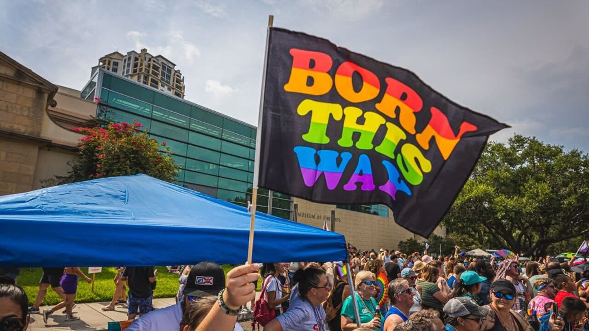 A flag wither the words :born this way" is waving.