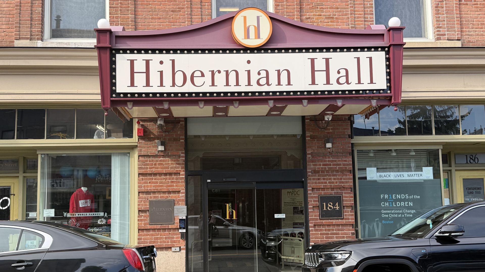 Marquee sign for Hibernian Hall at Roxbury's Nubian Square in Boston.