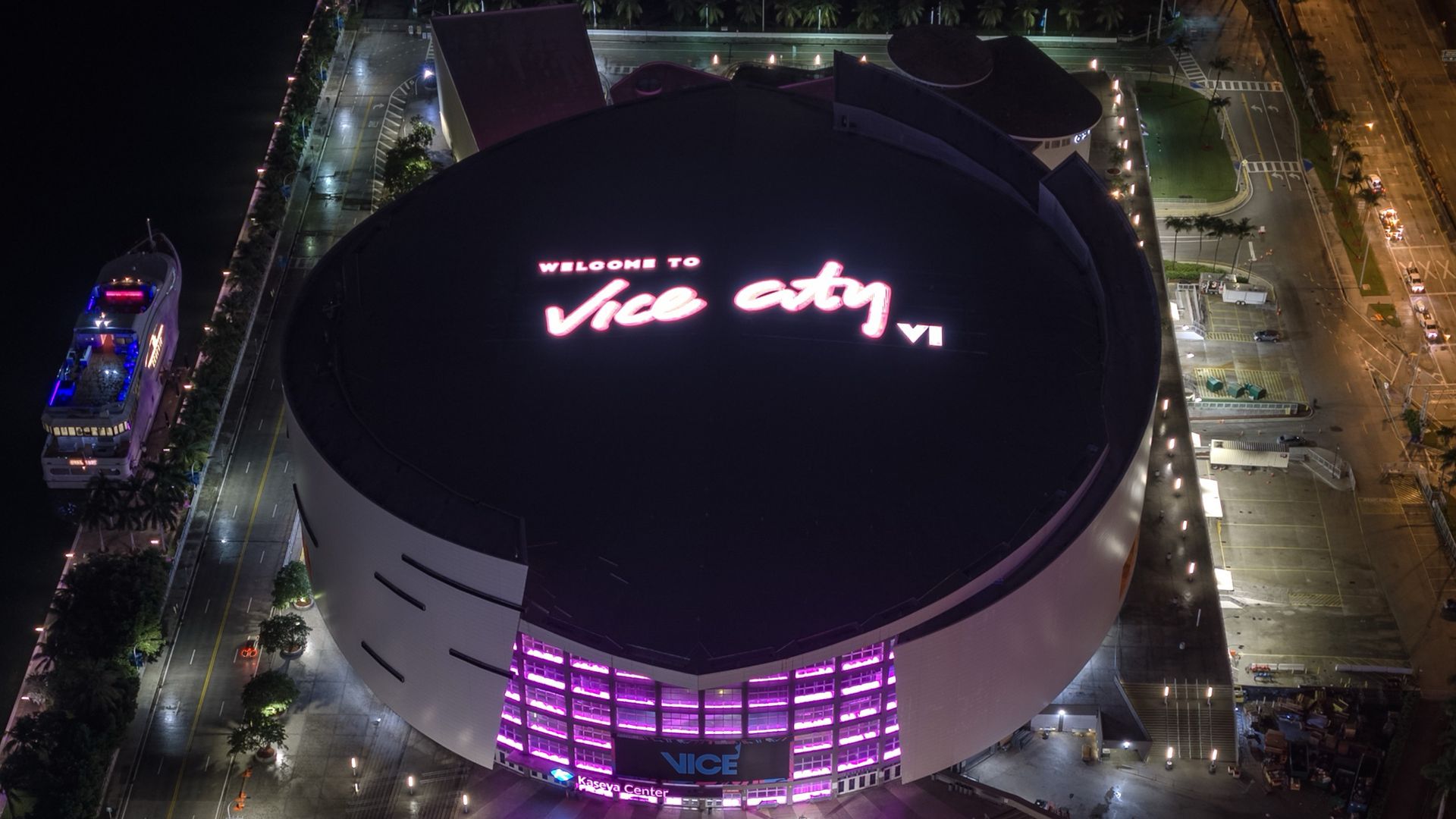 Welcome to Vice City sign on the Kaseya Center