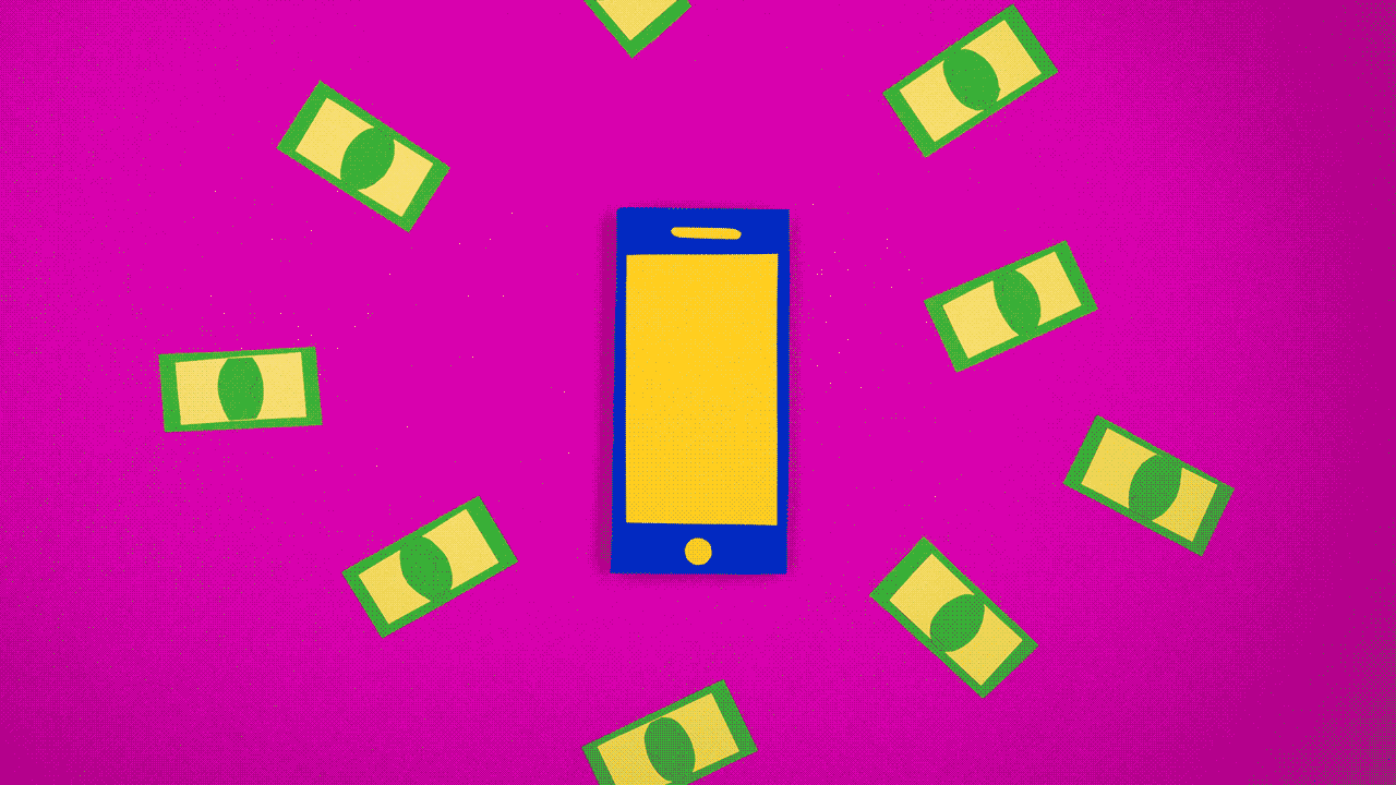Illustration of dollar bills advancing and retreating on a smartphone