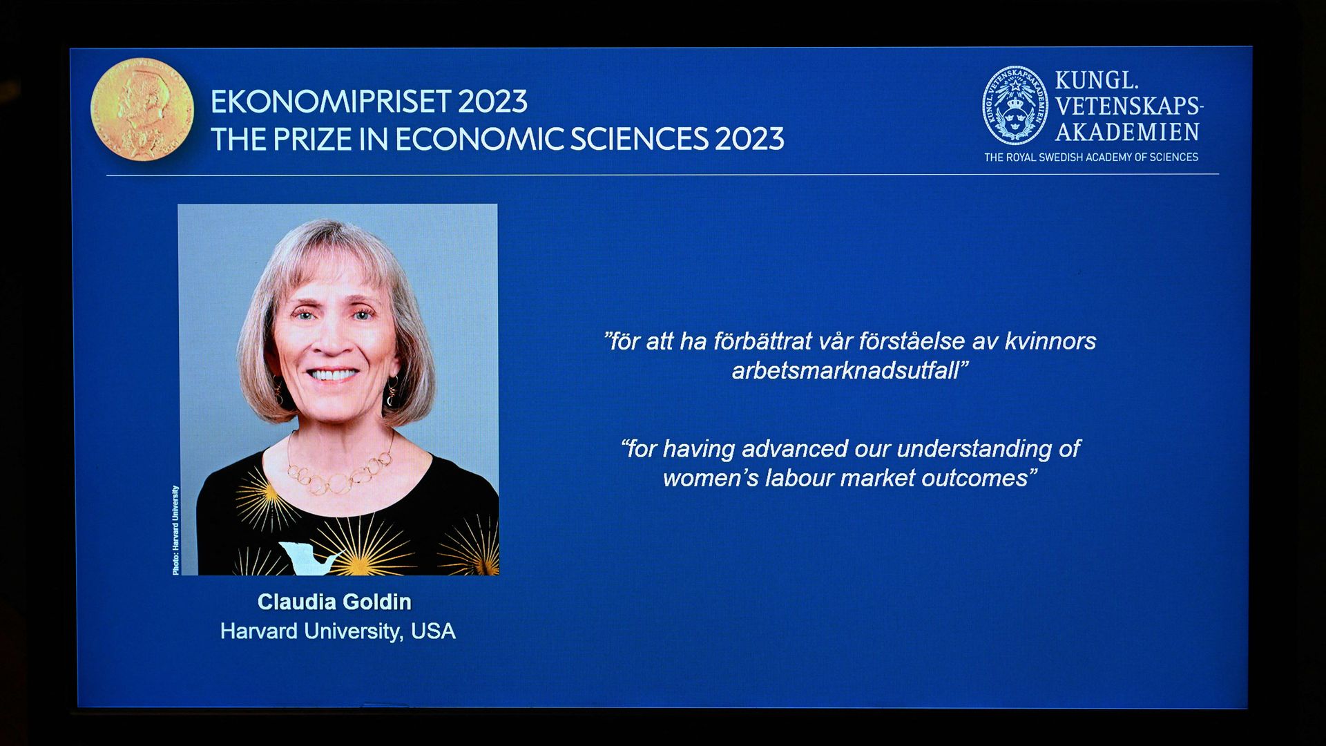 The winner of the 2023 Prize in Economic Sciences in Memory of Alfred Nobel American economist Claudia Goldin is seen on a display during a press conference 