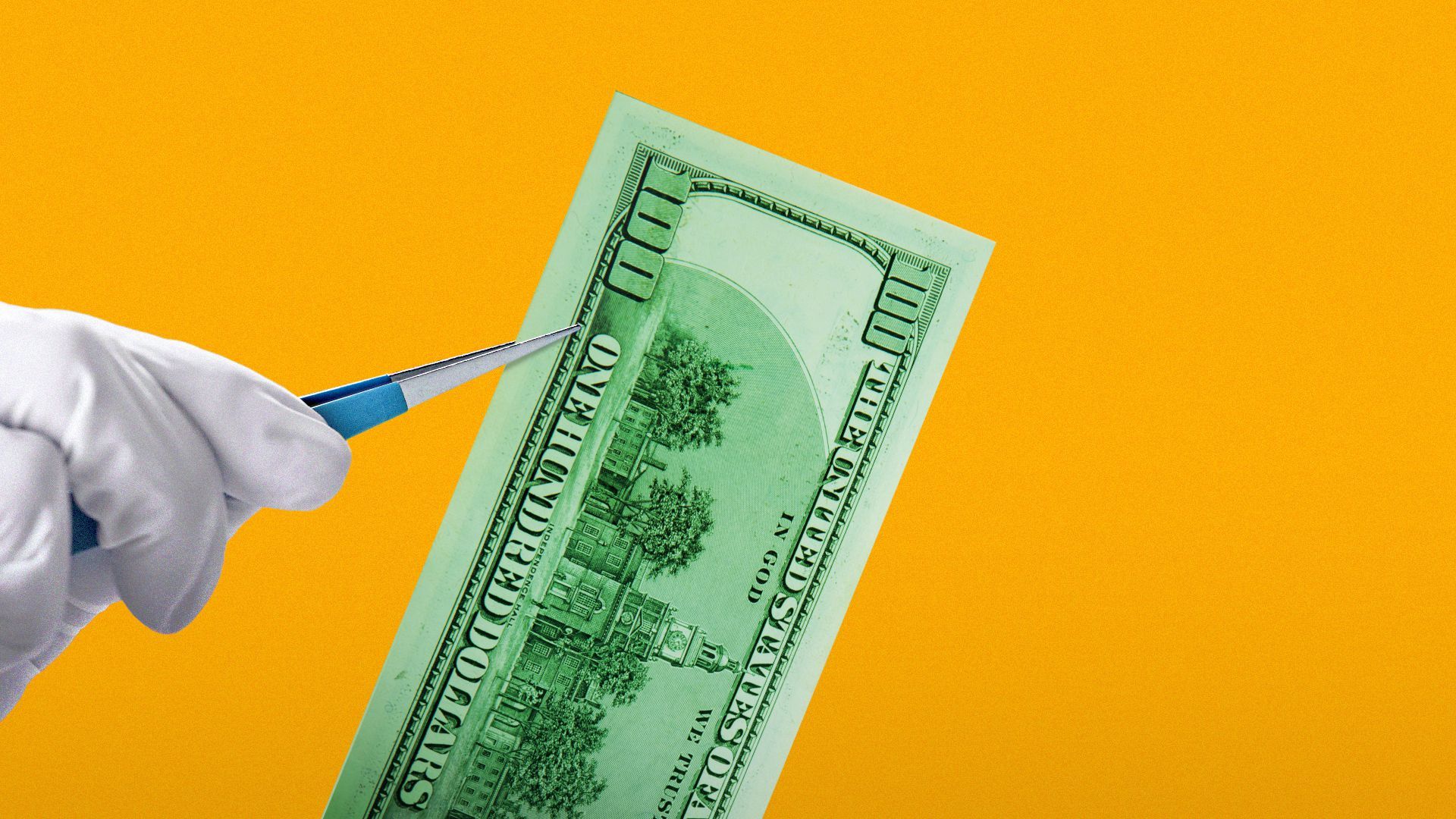 Illustration of a gloved hand with tweezers holding a $100 bill.
