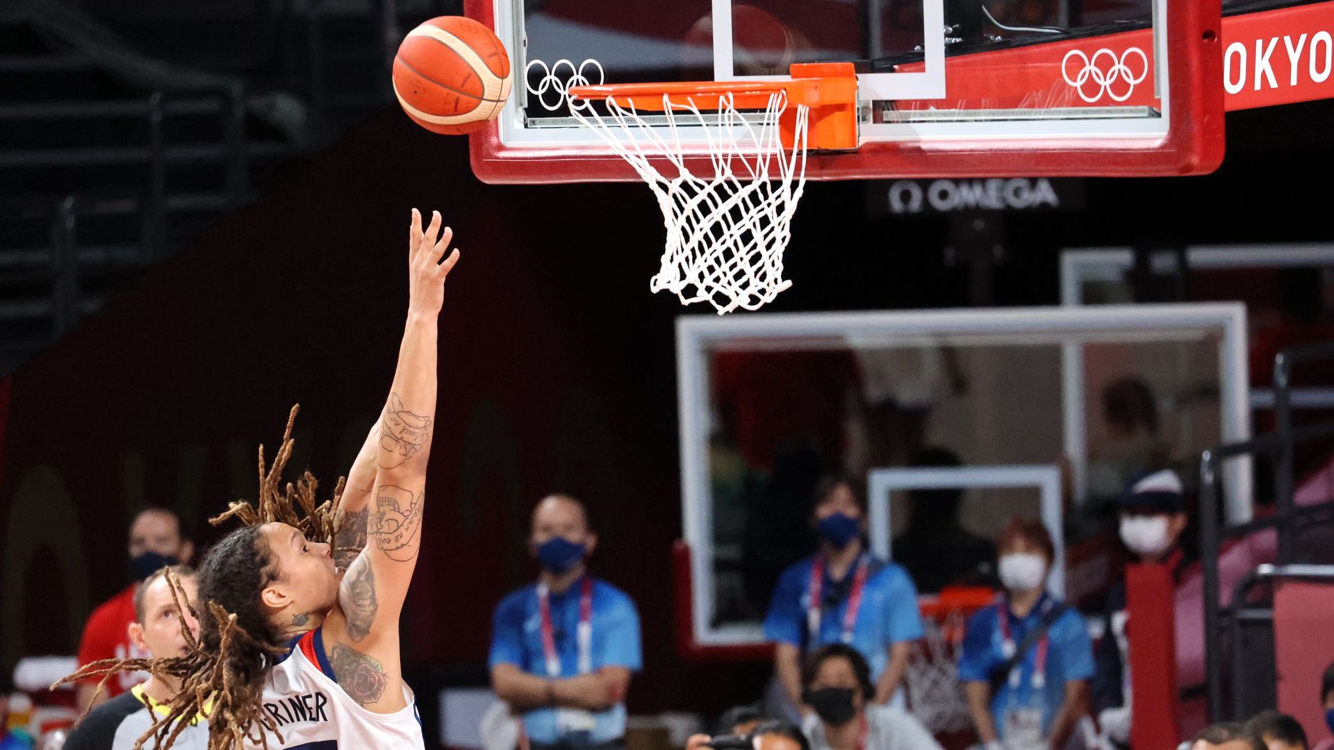 Team USA's Brittney Griner at the basket during their game against Japan on Sunday.