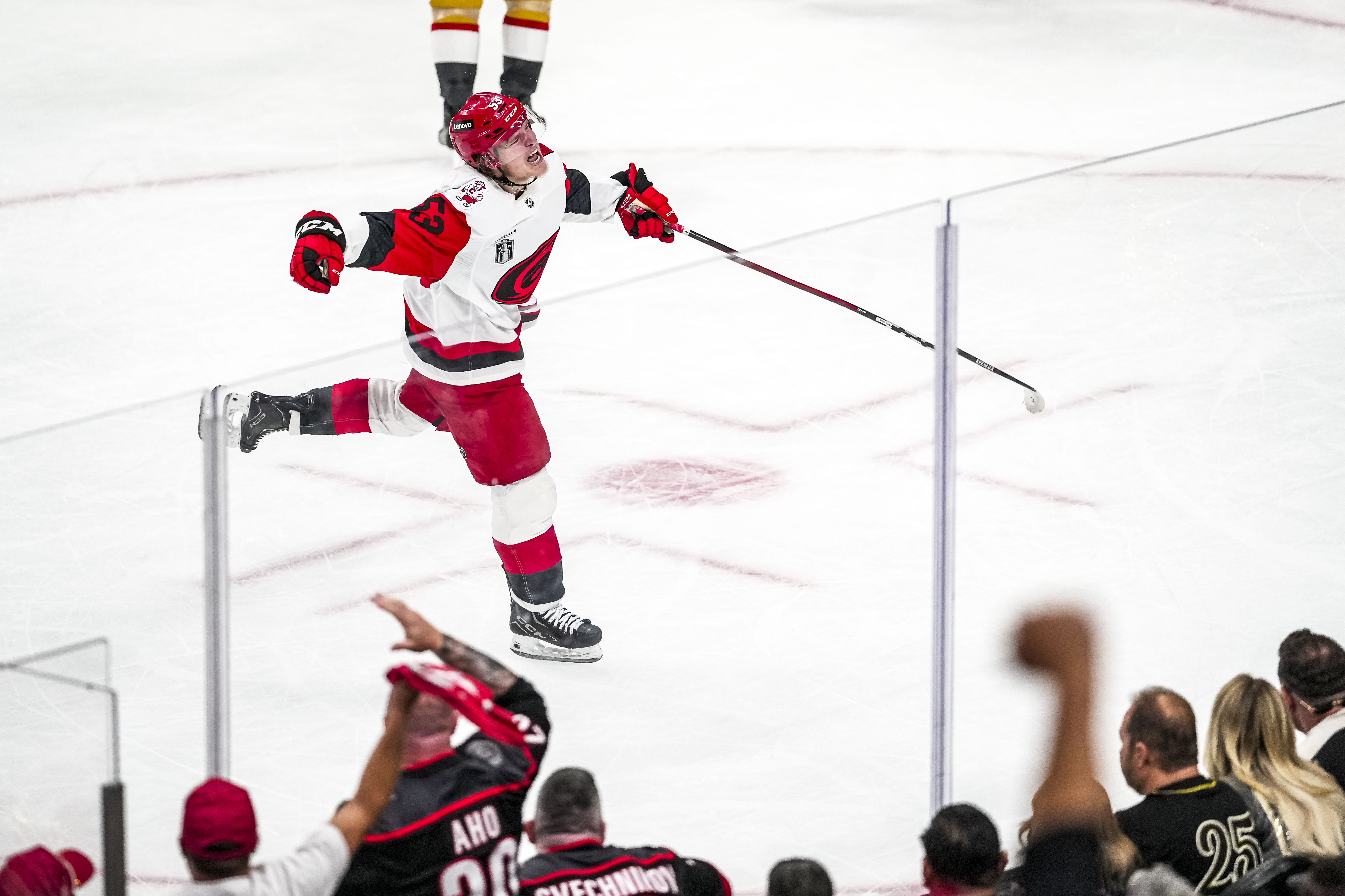 Jackson Blake #53 of the Carolina Hurricanes celebrates after scoring a goal during the second period of the Stanley Cup Final in Las Vegas.