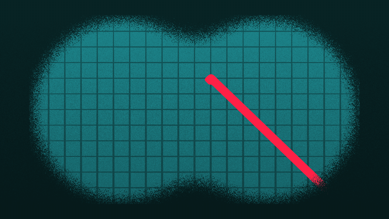 Animated illustration of an upward trending arrow and a downward one appearing on a chart seen through binoculars.