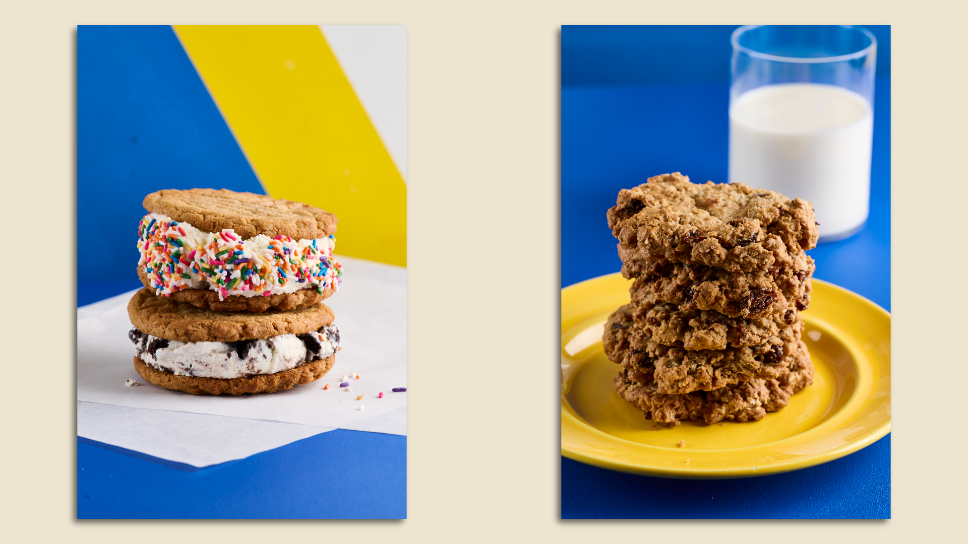 Ice cream cookie sandwiches (left) and a stack of cookies with milk 