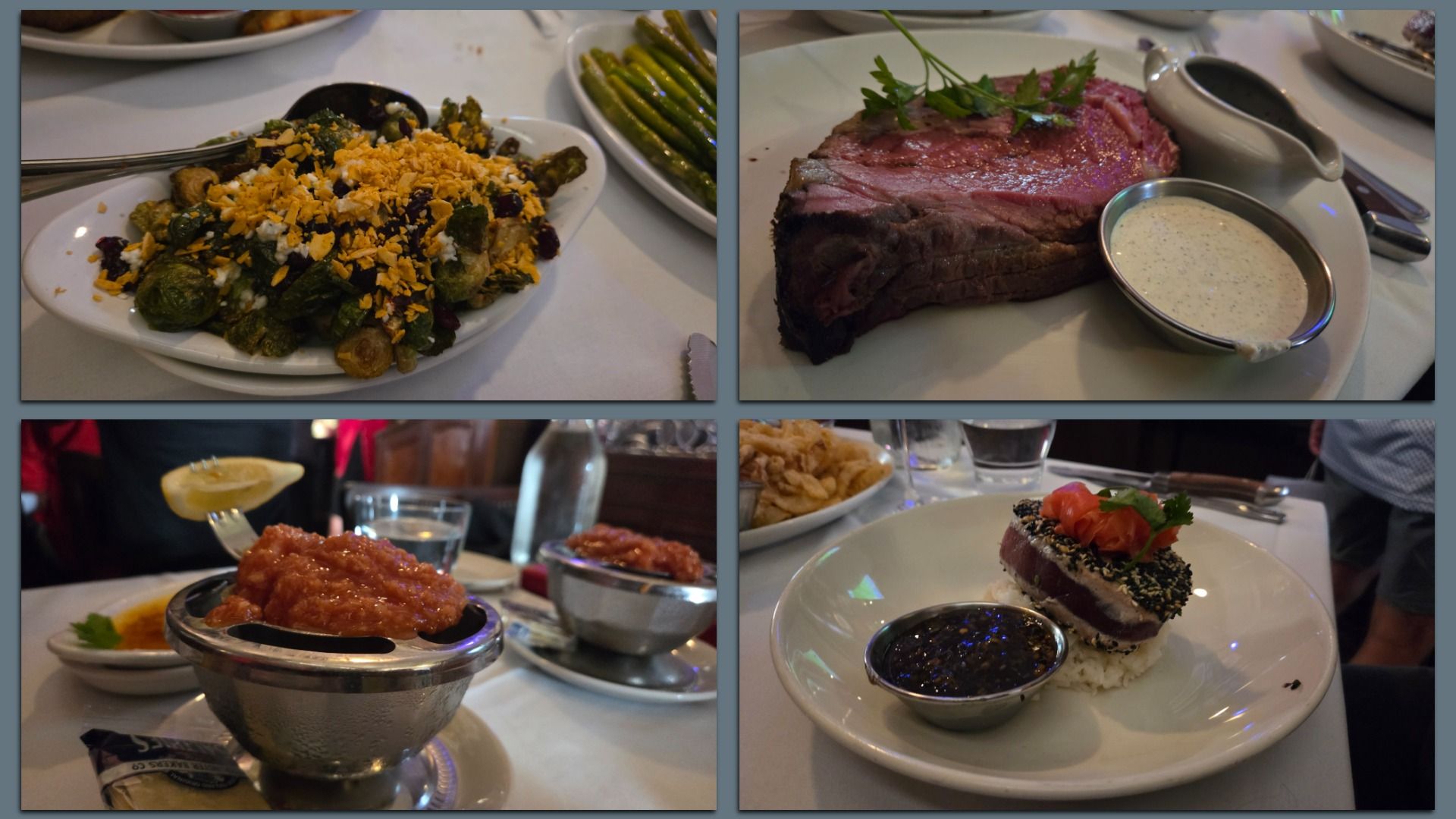 Four-panel food collage: top left greens with crushed nuts; top right rare steak with parsley; bottom left small cup of red sauce; bottom right sesame-crusted savory cake with salmon and herbs, plus dipping sauce.