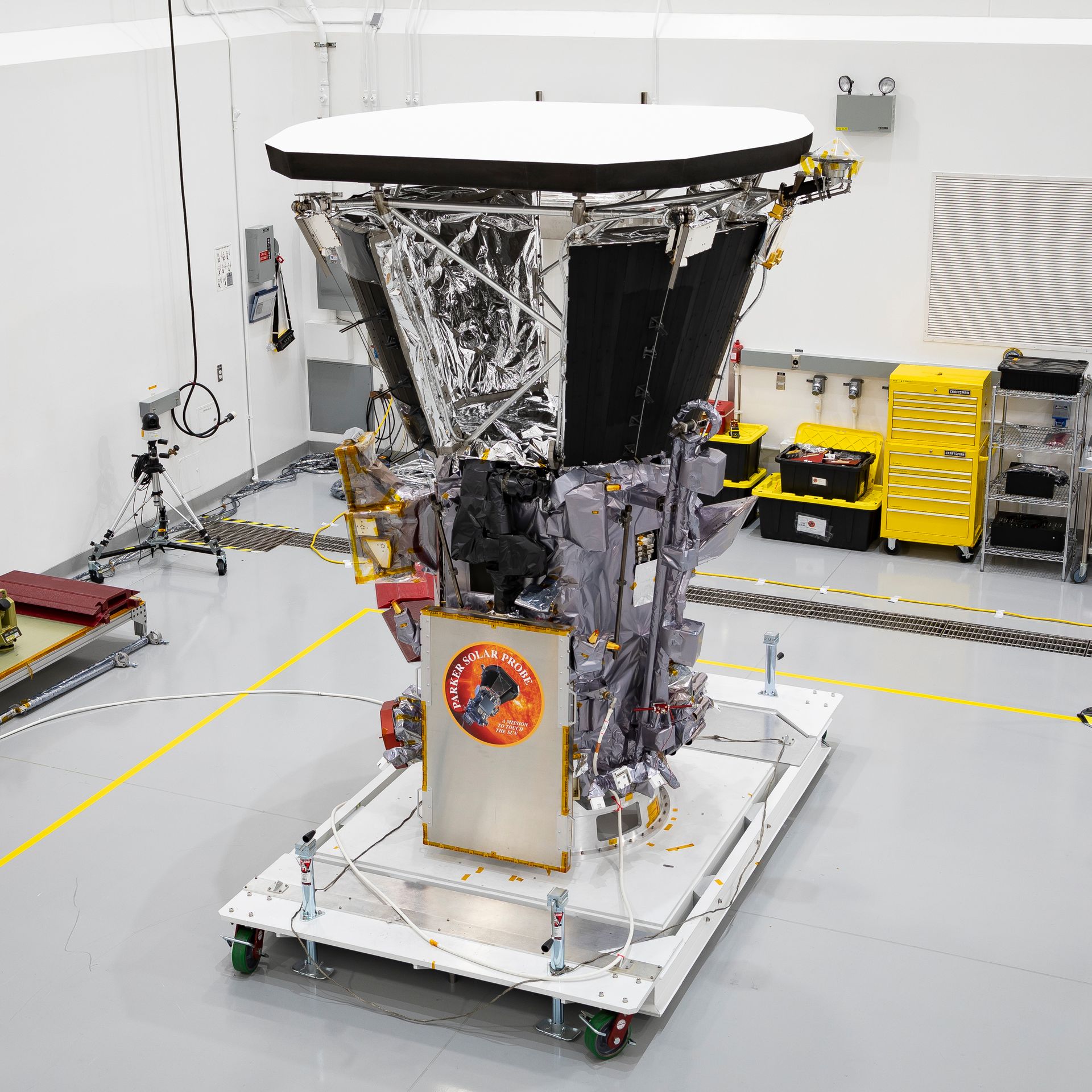  Parker Solar Probe sits in a clean room on July 6, 2018, at Astrotech Space Operations in Titusville, Florida, after the installation of its heat shield.