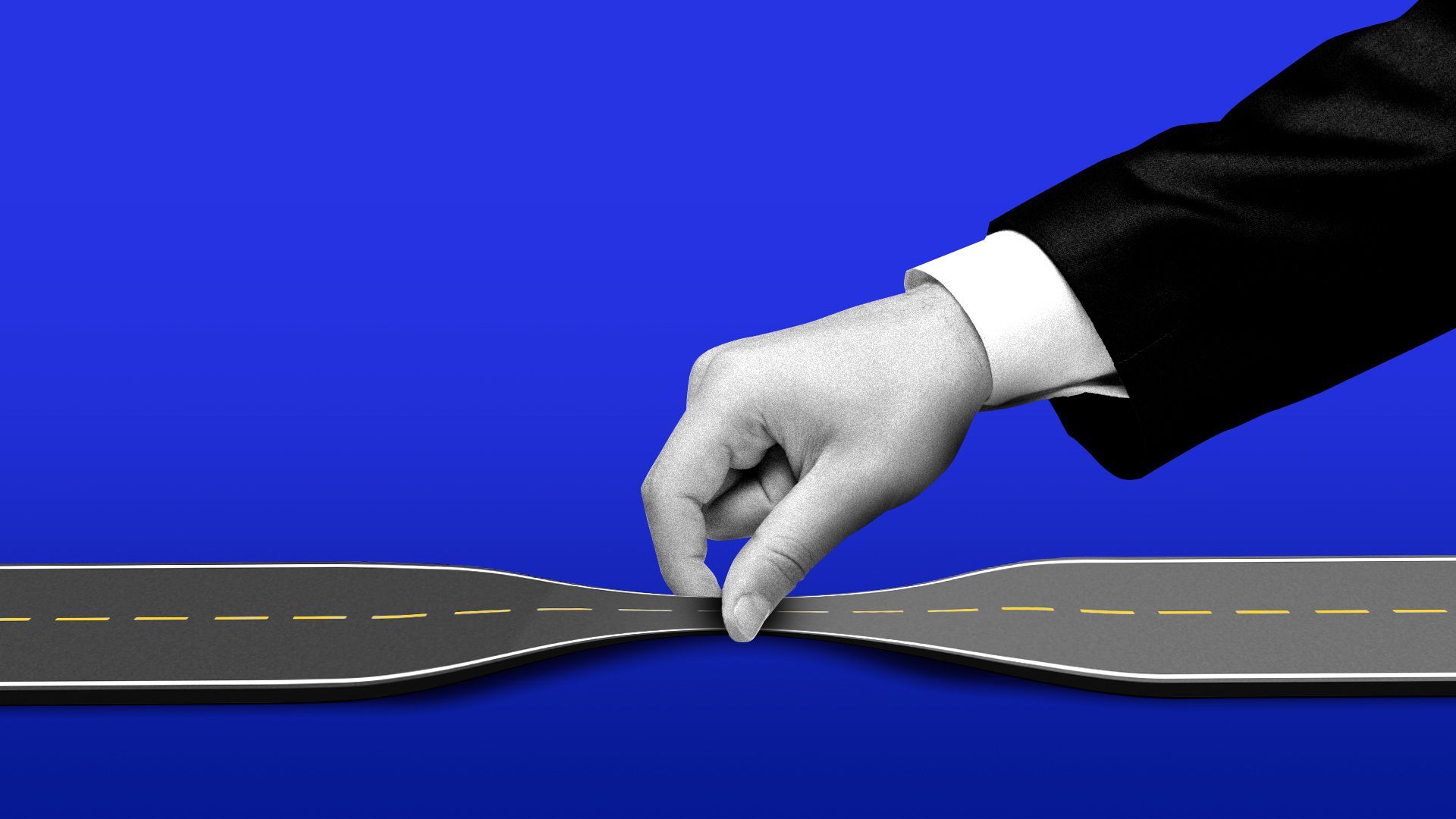 Illustration of a hand pinching a road.  