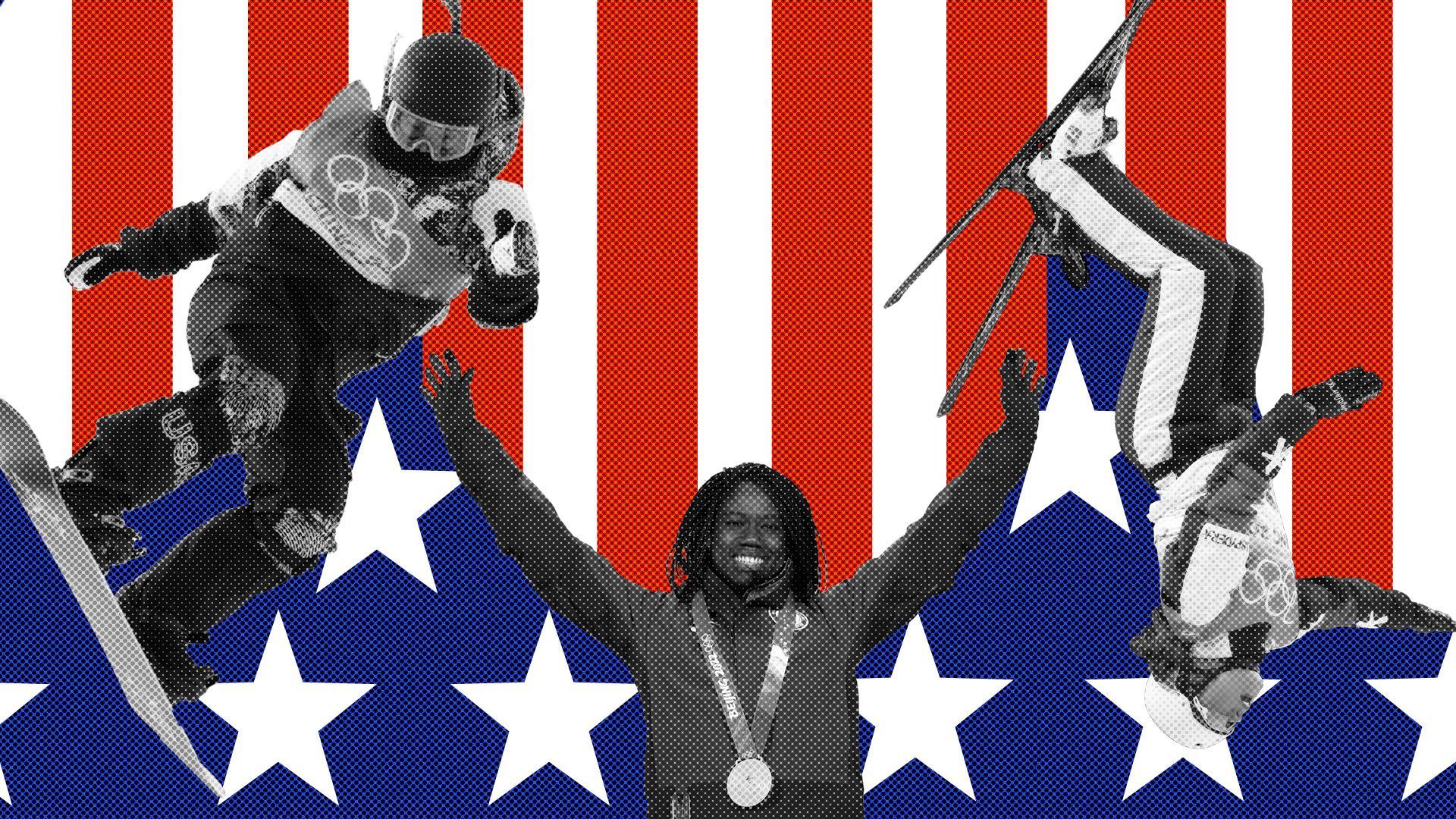 Photo illustration of Team USA members Chloe Kim, Erin Jackson and Ashley Caldwell against a background of stars and stripes.