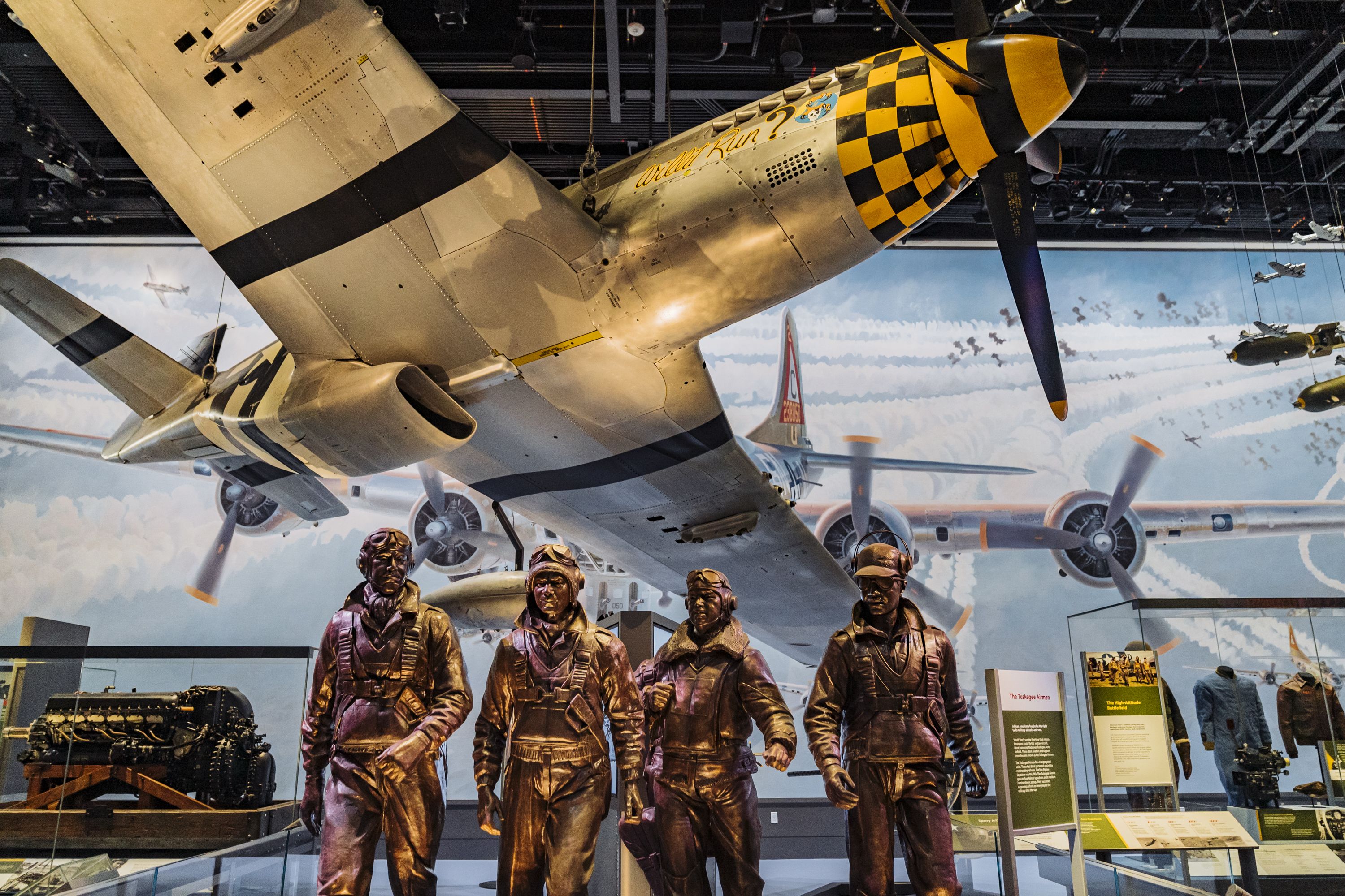 The Tuskeegee Airmen Statue on display at the "WWII in the Air" exhibit inside Smithsonian's National Air and Space Museum on June 25, 2026 in Washington, DC. The museum will open five new and renovated galleries to the public on July 1 as part of its 50th anniversary celebration.(Photo by Maxine Wa