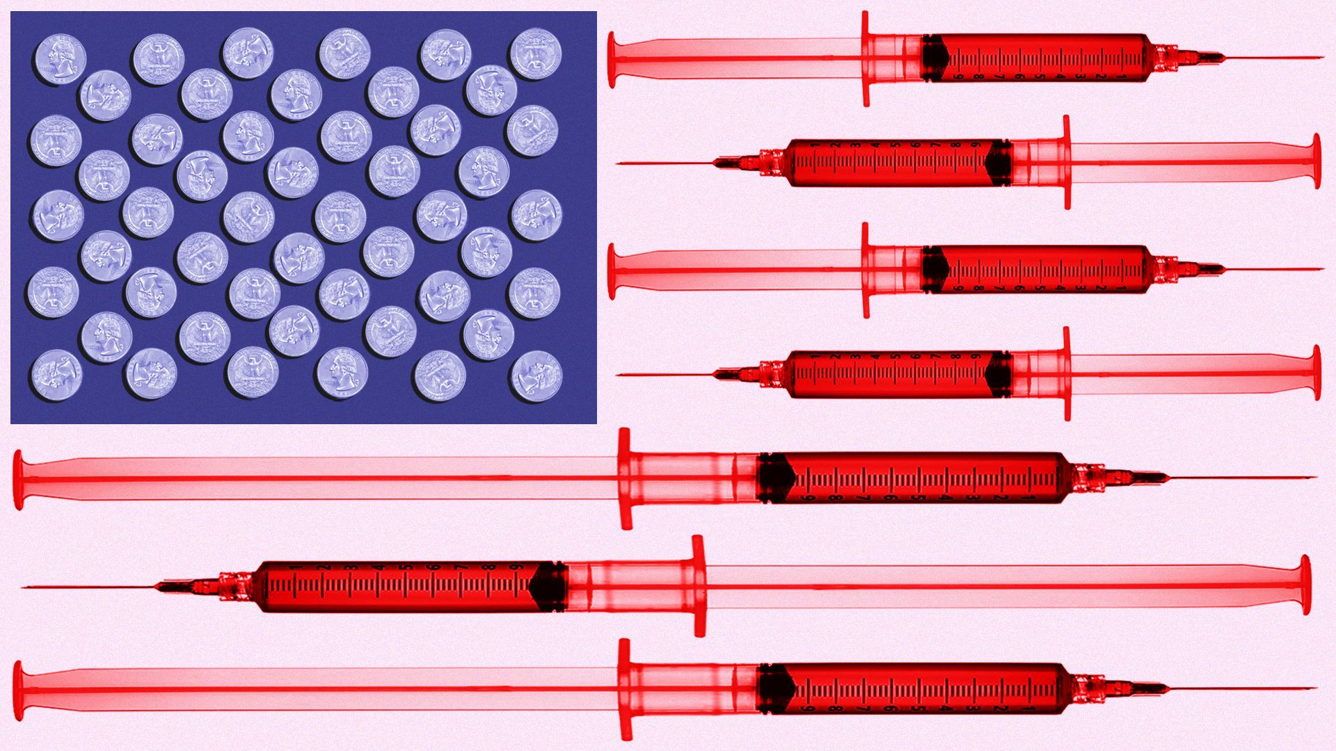 Illustration of an American flag made up of syringes and quarters
