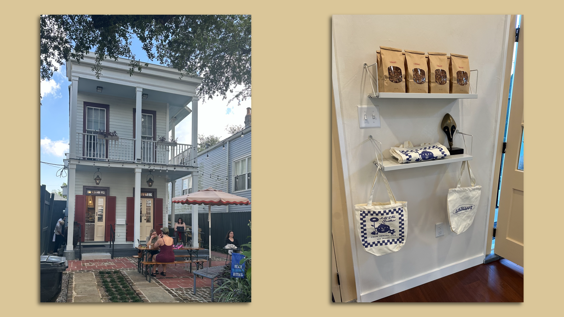 Side by side photos. One shows the exterior of a white, two-story New Orleans home and, at right, an interior photo of two shelves selling Lagniappe Bakehouse merchandise.