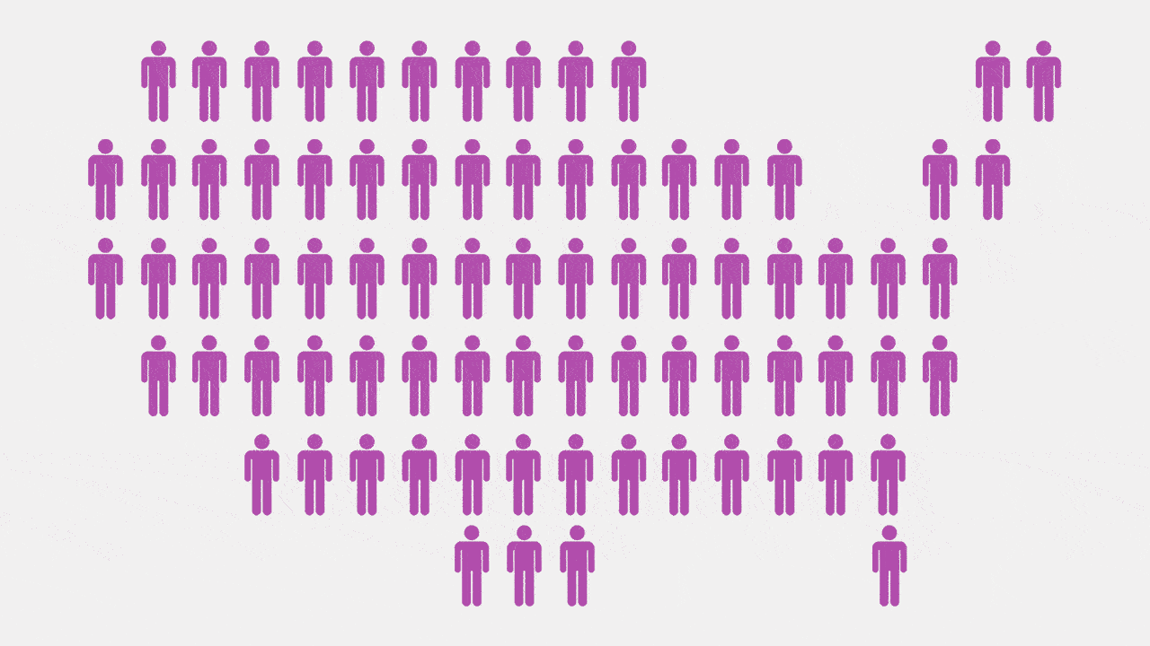 Animated illustration of the U.S. map formed by people icons fading from purple to gray, creating the appearance of a disrupted map