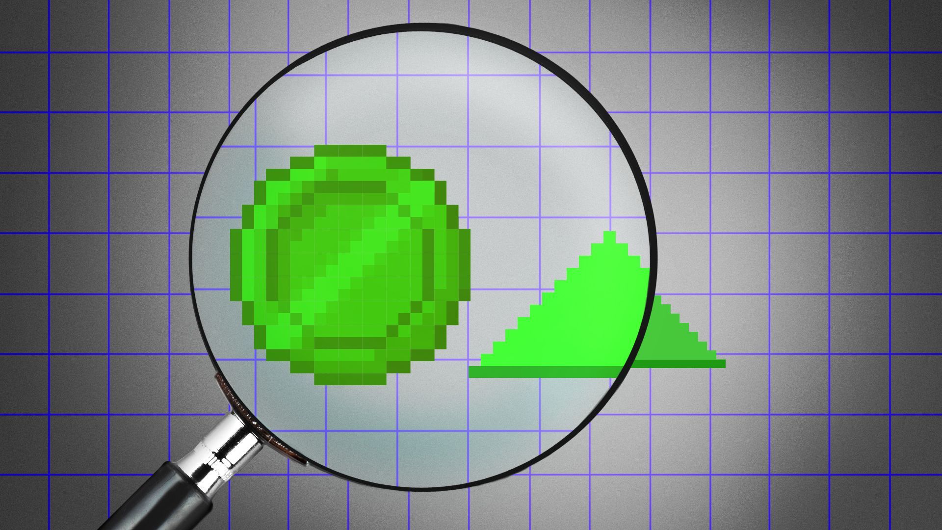 Illustration of a magnifying glass hovering over a pixelated coin and an upward pointing arrow.
