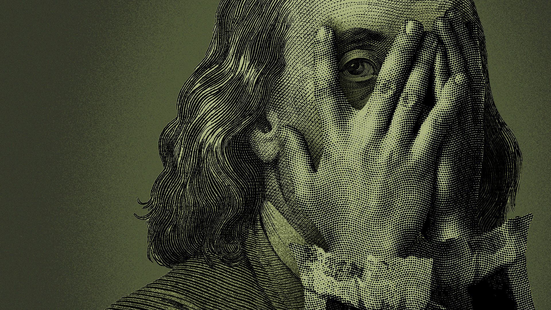 Illustration of Benjamin Franklin with his hand up to his face, looking out through his fingers.