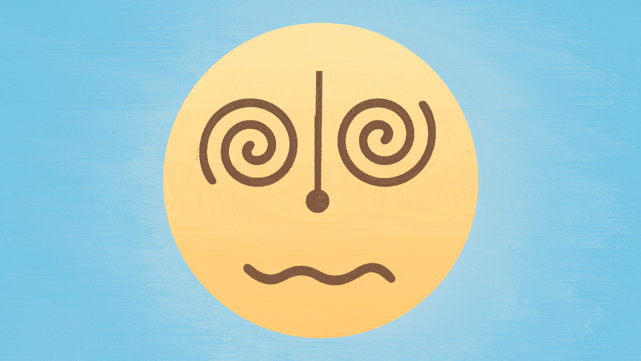 Animated illustration of a woozy face emoji as a clock face with the hands of the clock moving forward very fast. 