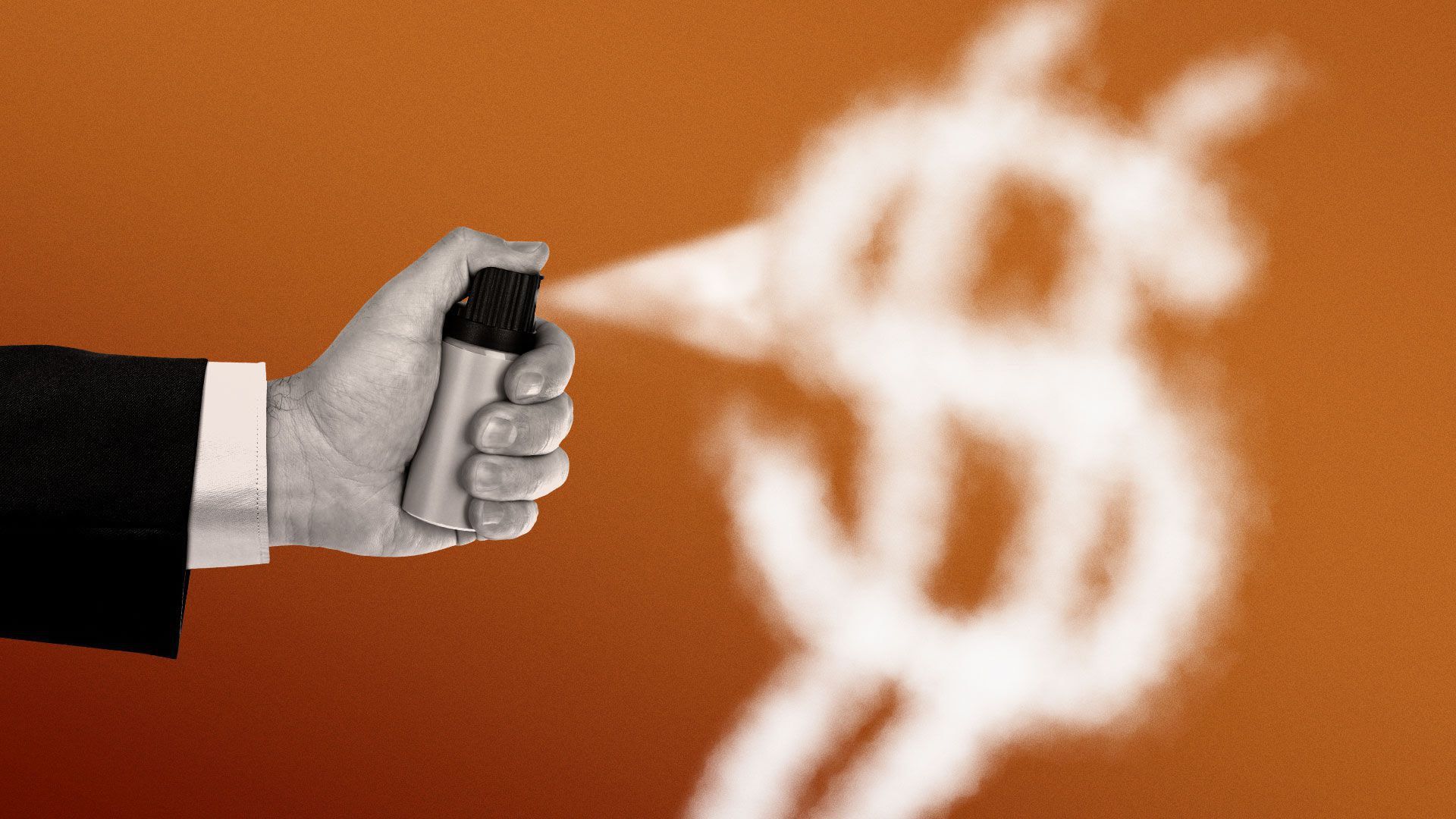 Illustration of a hand spraying a bottle and the gas comes out in the shape of a money sign