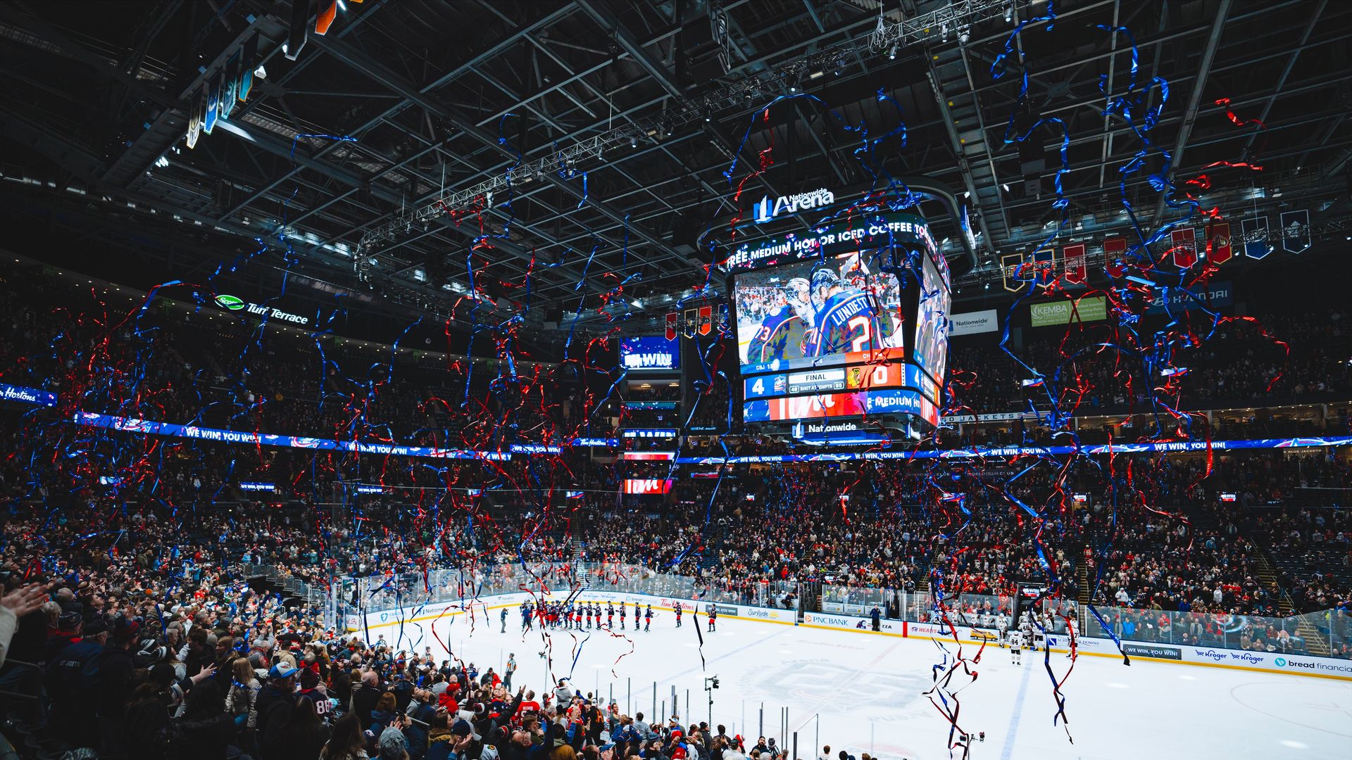 The Columbus Blue Jackets celebrate after defeating the Chicago Blackhawks at Nationwide Arena