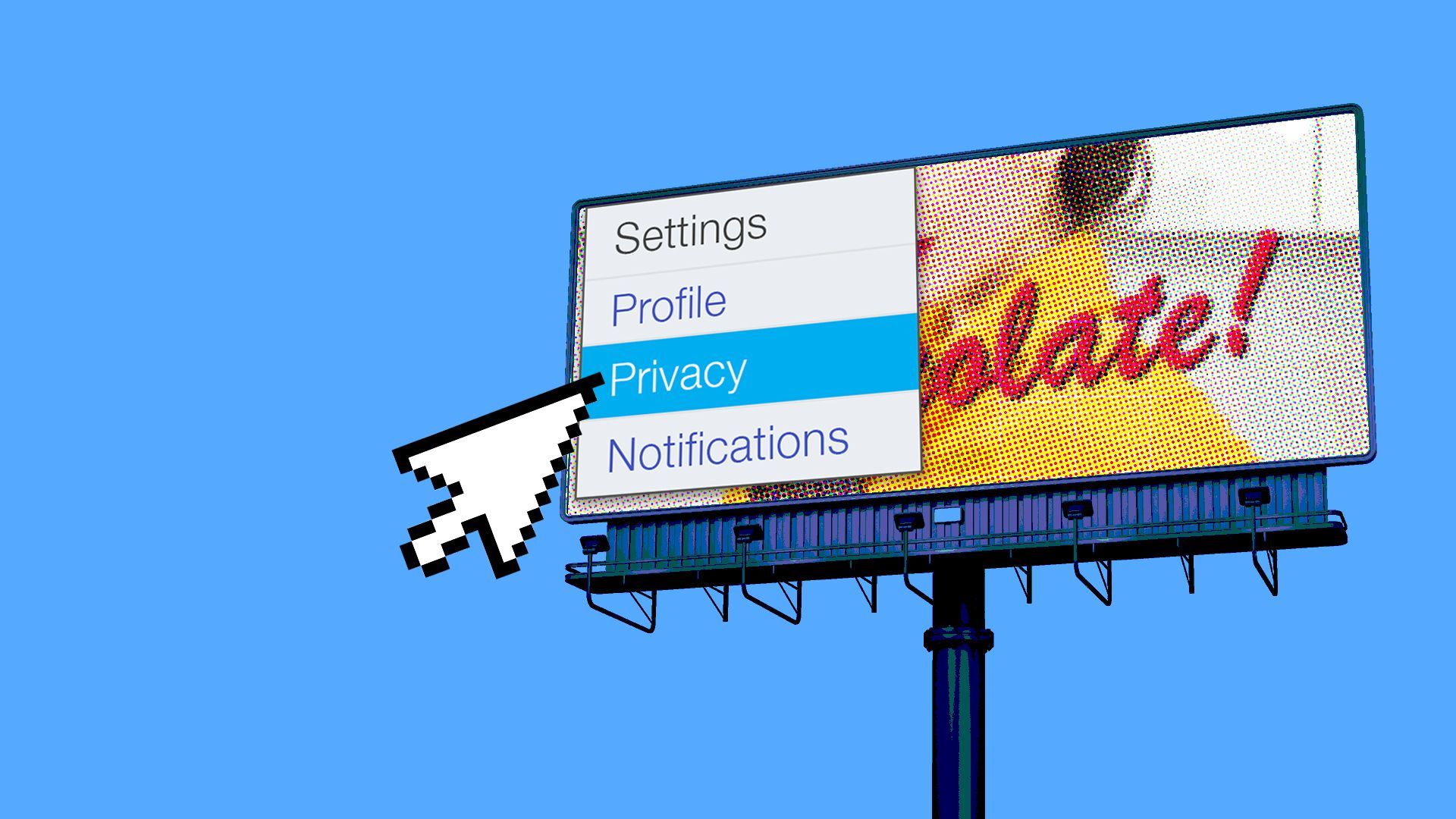 In this illustration, a mouse clicks on a billboard and hovers over the word 'privacy'