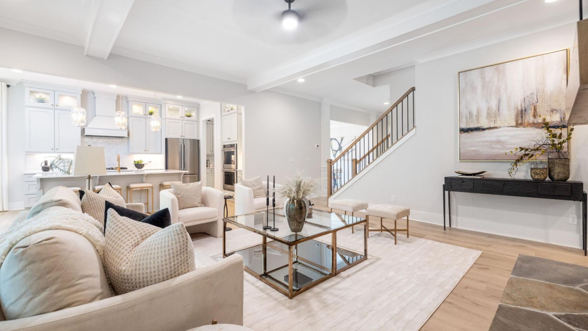 A connected living room and kitchen.